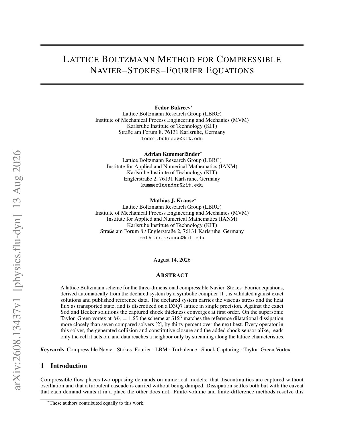 First page of 2026 Bukreev Compressible Lattice Boltzmann