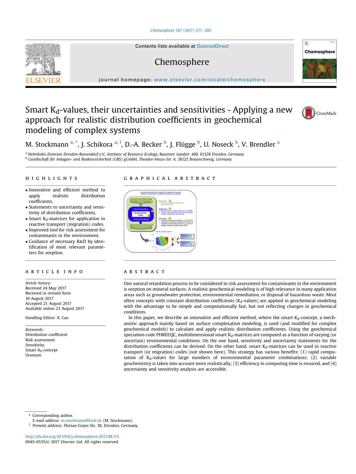 First page of Smart Kd-values, their uncertainties and sensitivities - Applying a new approach for realistic distribution coefﬁcients in geochemical modeling of complex systems