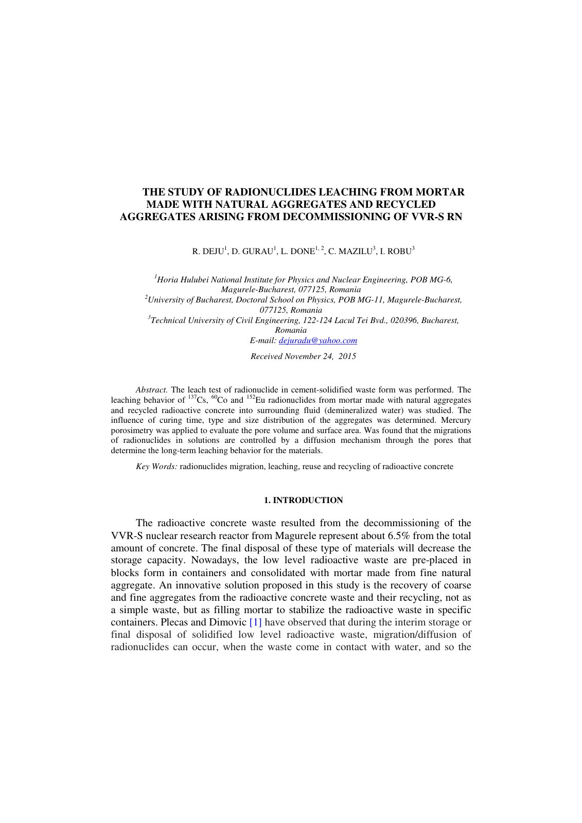 First page of THE STUDY OF RADIONUCLIDES LEACHING FROM MORTAR MADE WITH NATURAL AGGREGATES AND RECYCLED AGGREGATES ARISING FROM DECOMMISSIONING OF VVR-S RN