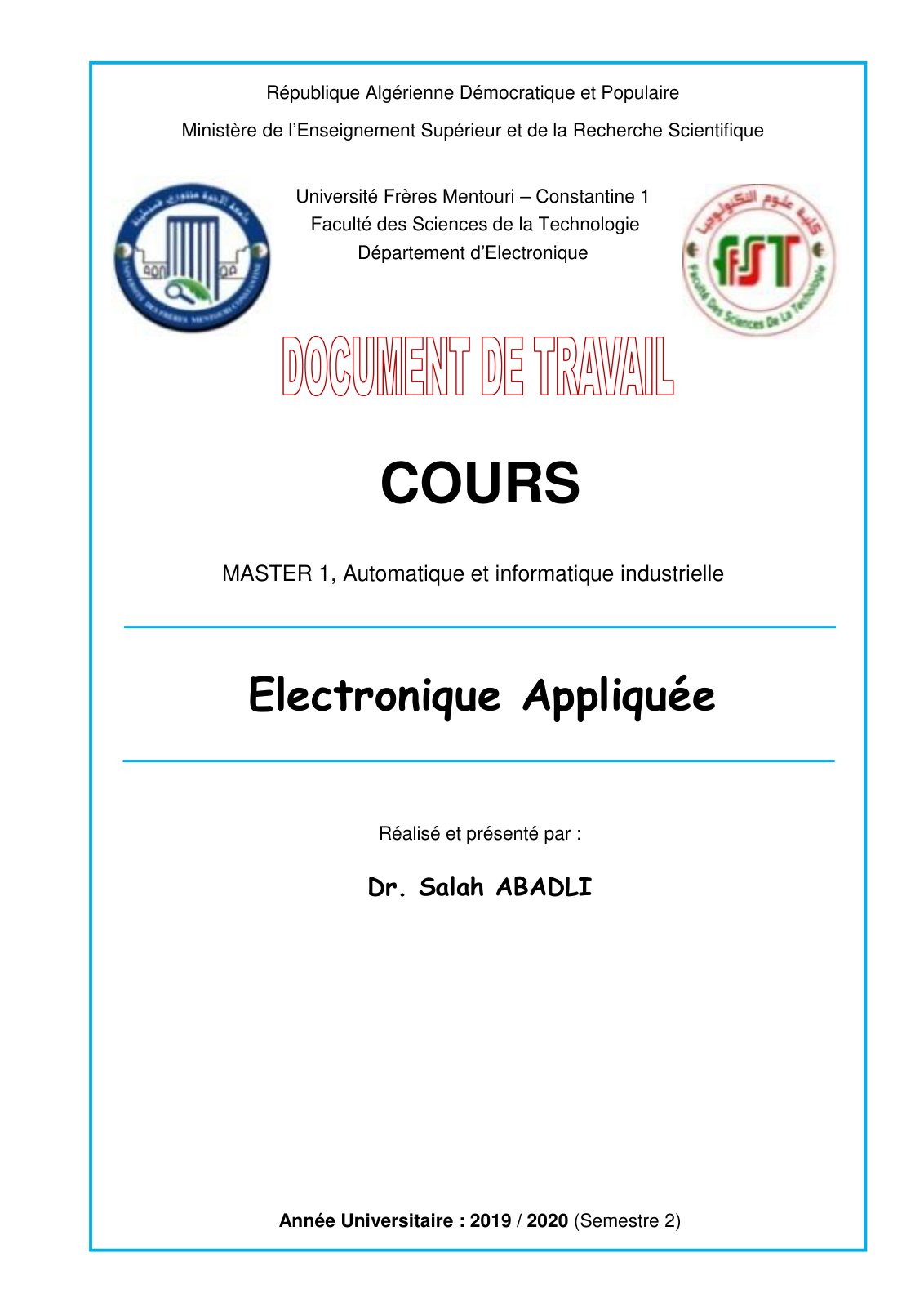 First page of Cours Electronique Appliquée (1)