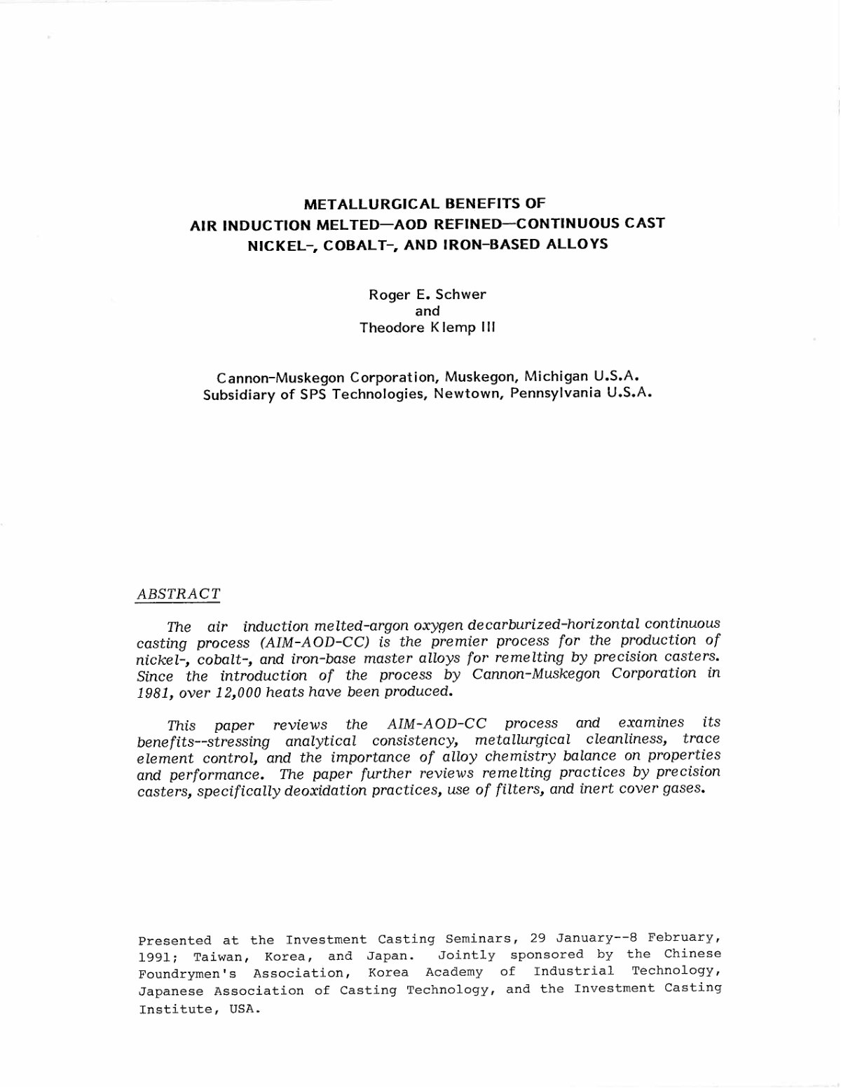 First page of METTALURGICAL BENEFITS 1991