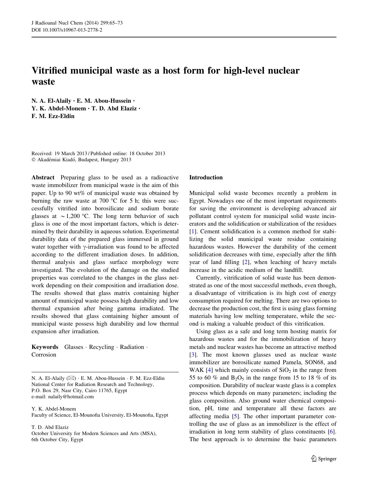 First page of Vitrified municipal waste as a host form