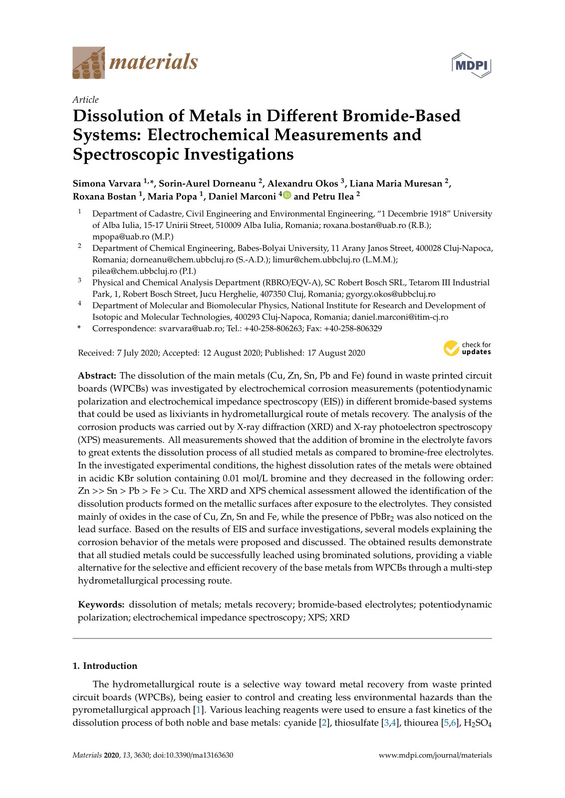 First page of Dissolution of Metals in Di ﬀerent Bromide-Based Systems: Electrochemical Measurements and Spectroscopic Investigations