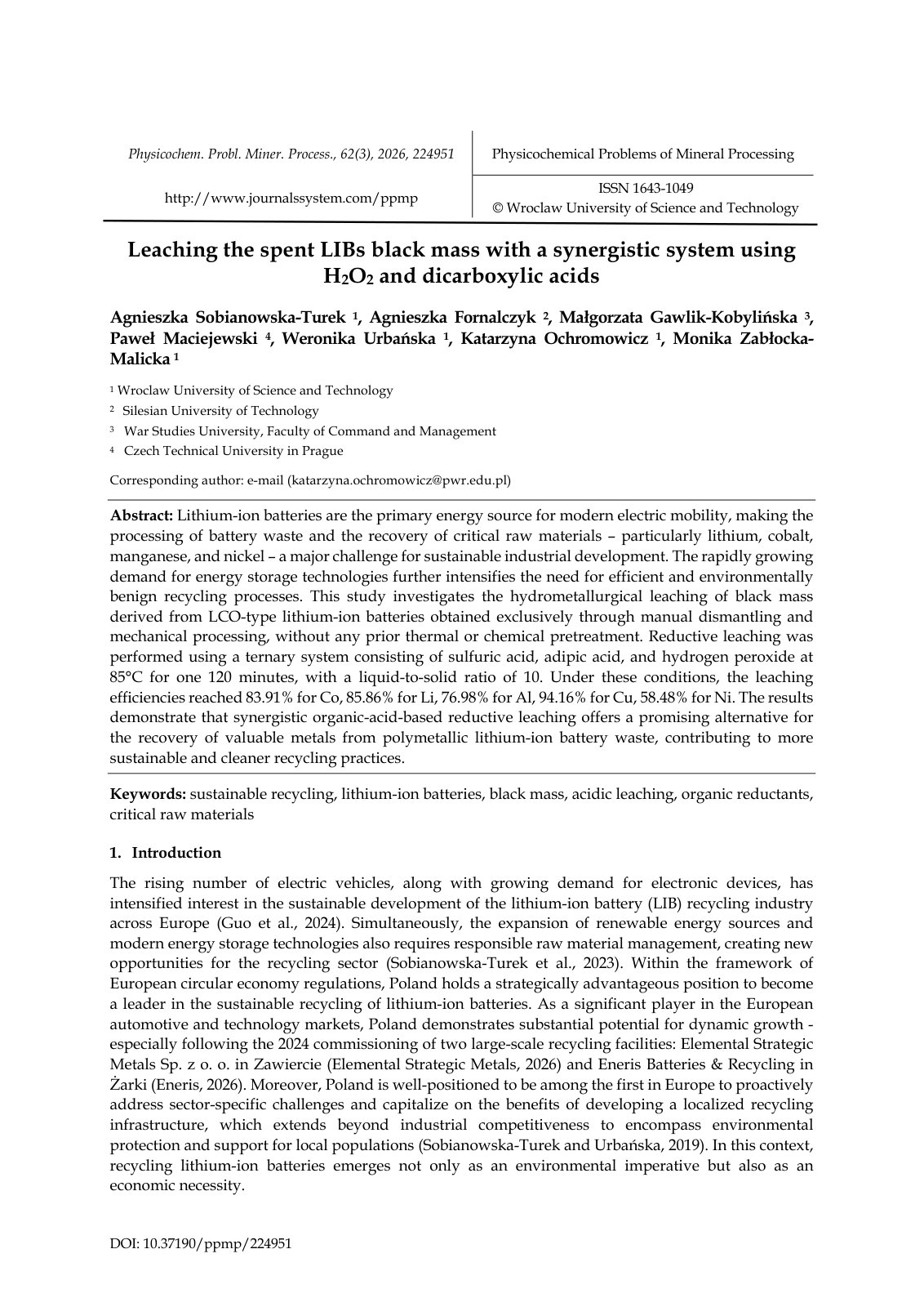 First page of Leaching the spent LIBs black mass with a synergistic system using H2O2 and dicarboxylic acids