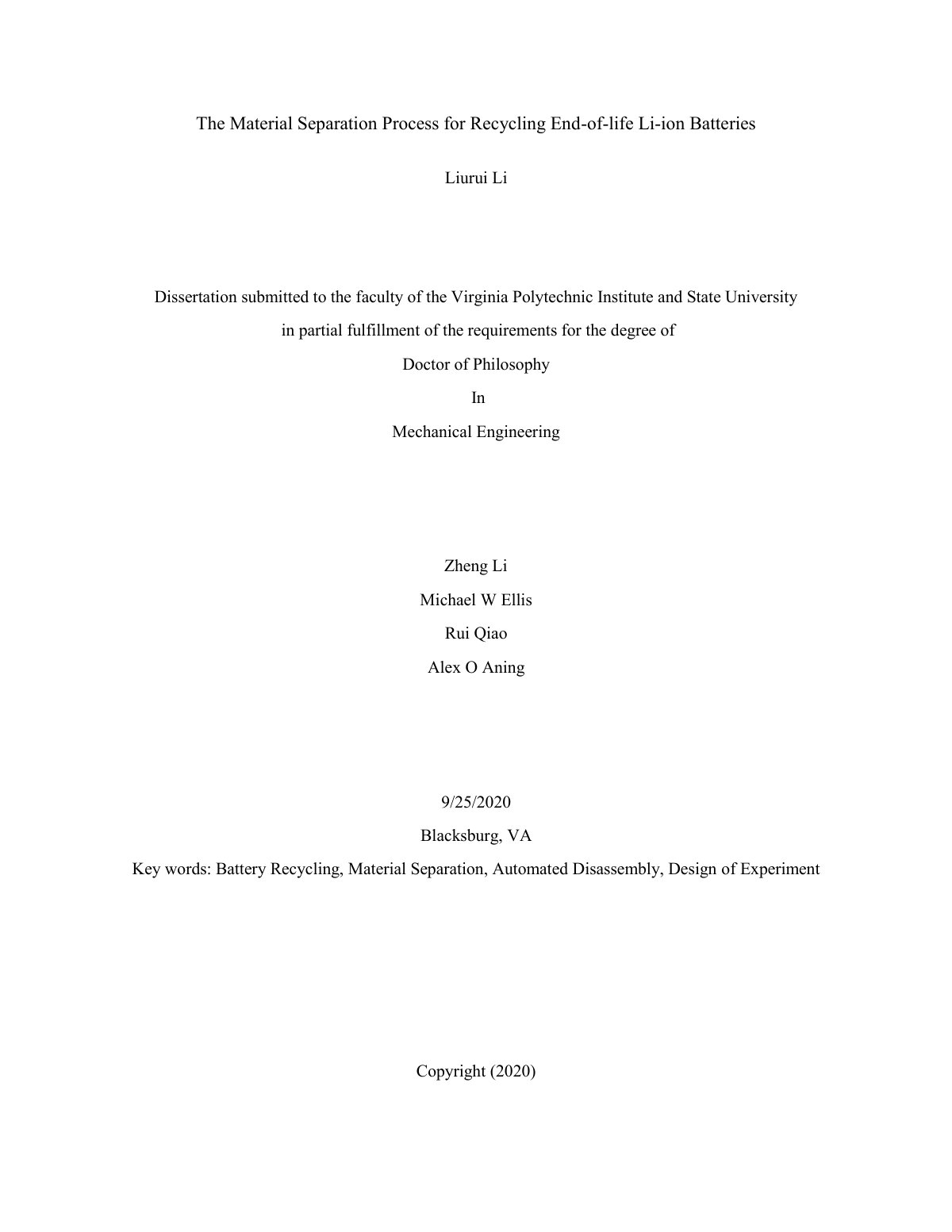 First page of The Material Separation Process for Recycling End-of-life Li-ion Batteries