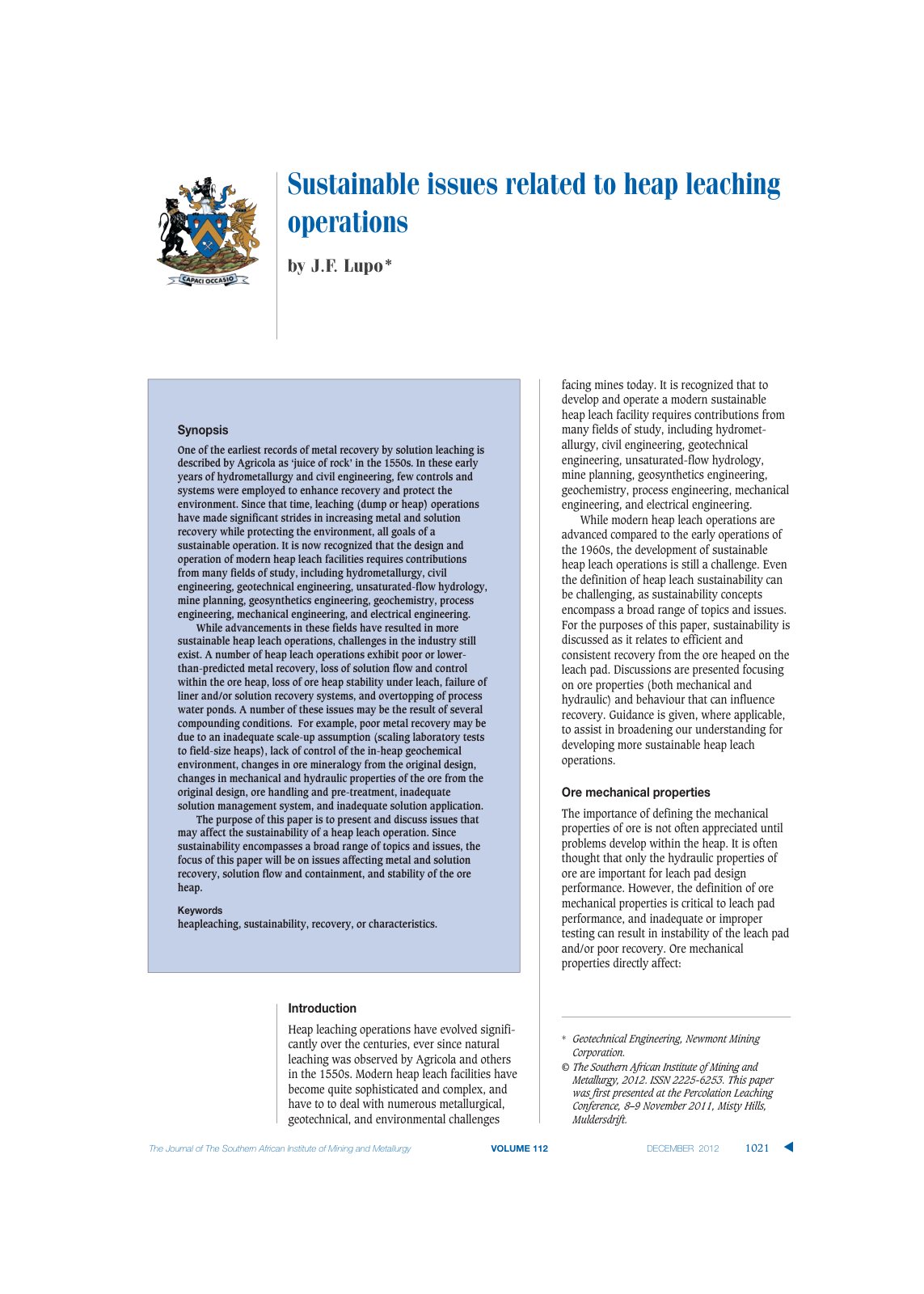 First page of Sustainable issues related to heap leaching operations