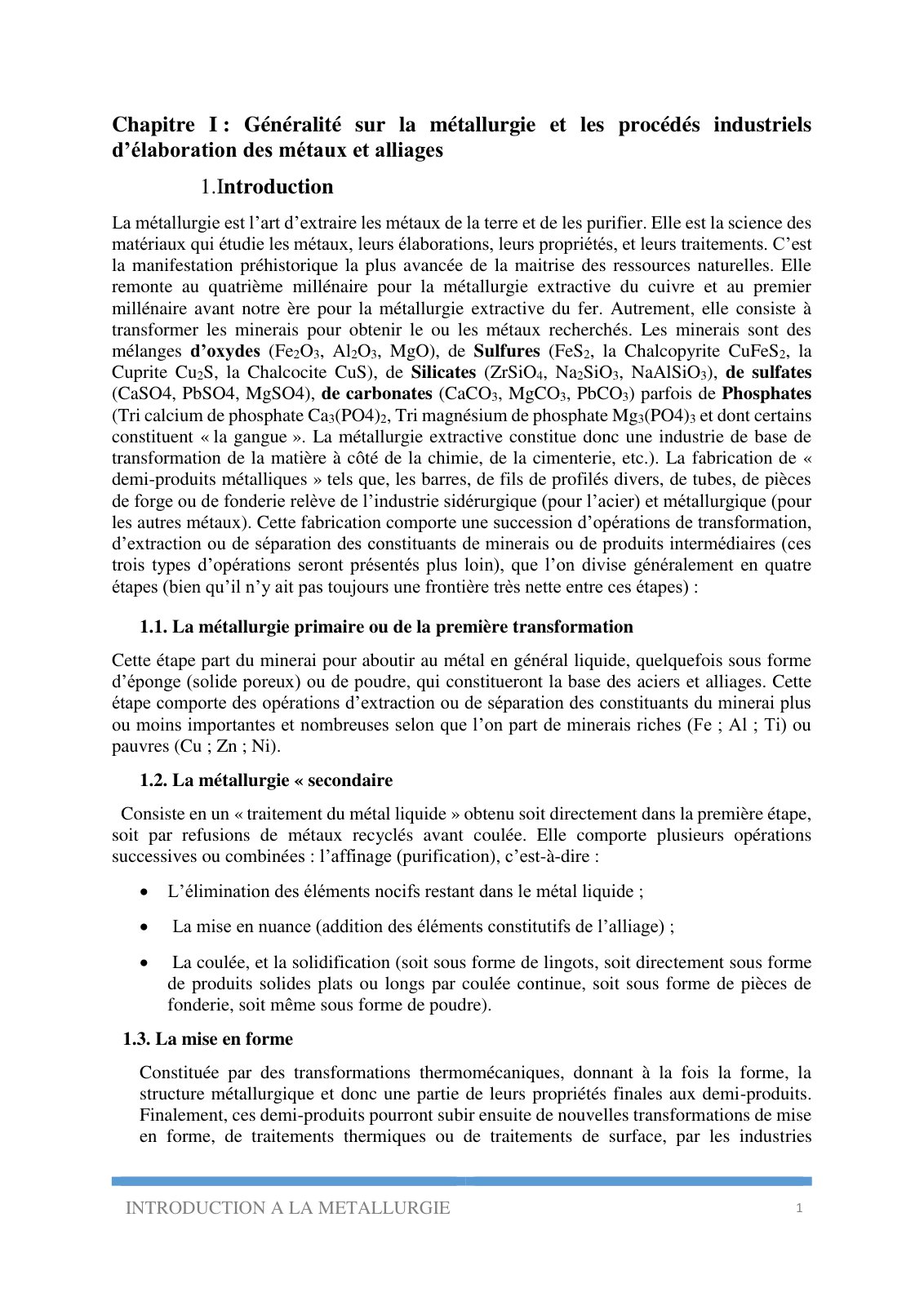 First page of INTRODUCTION A LA METALLURGIE