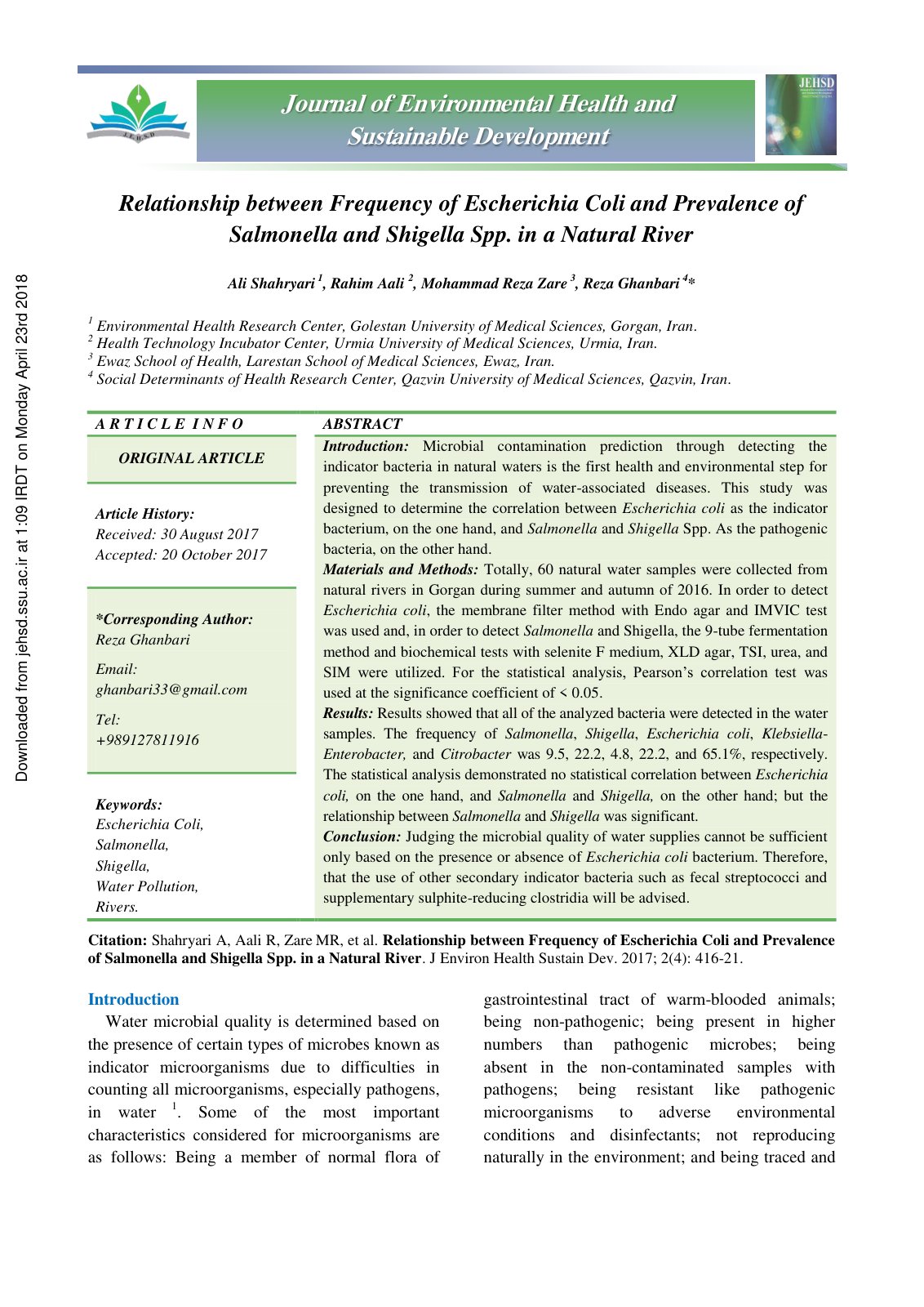 First page of Journal of Environmental Health and Sust