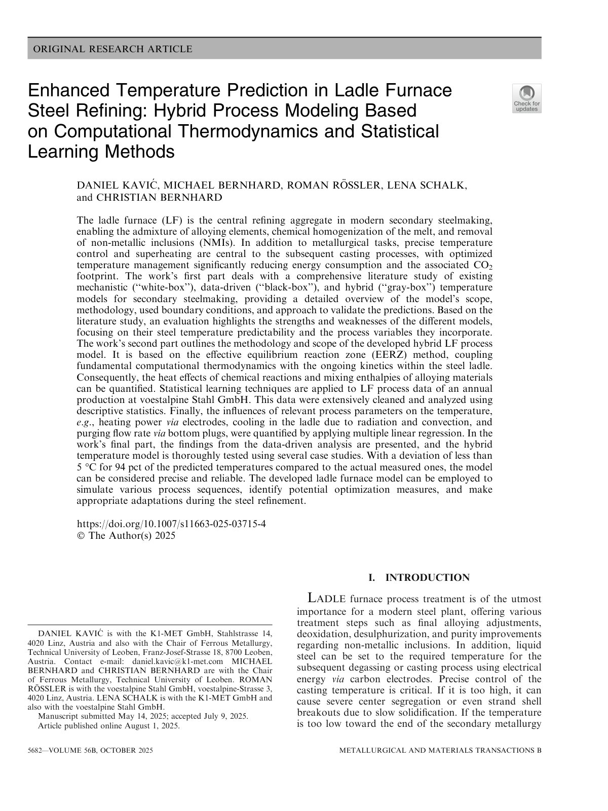 First page of 2025 Daniel Kavic Enhanced Temperature Prediction in Ladle Furnace Steel Refining Hybrid Process Modeling Based on Computational Thermodynamics and Statistical L