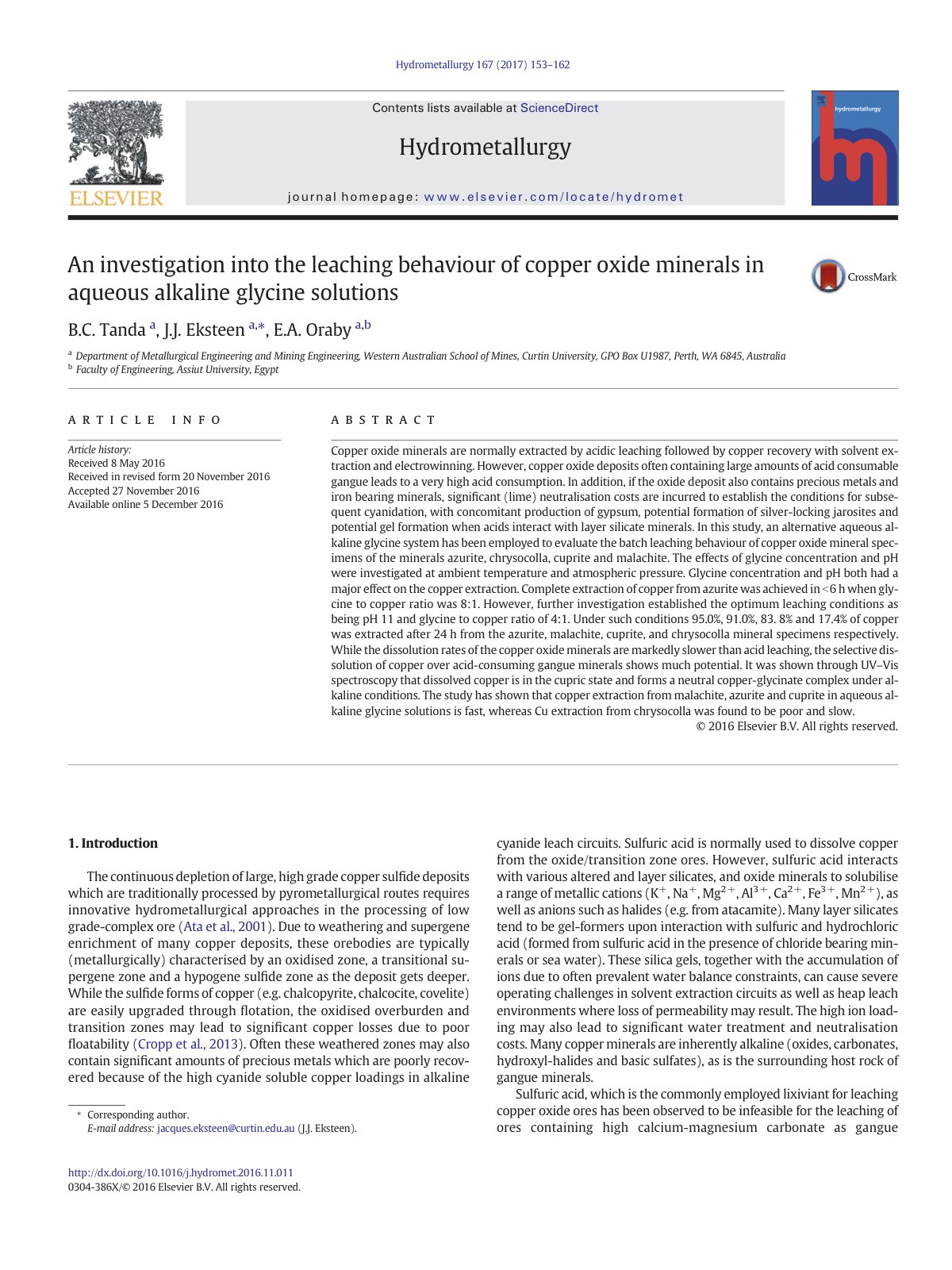 First page of An investigation into the leaching behaviour of copper oxide minerals in aqueous alkaline glycine solutions