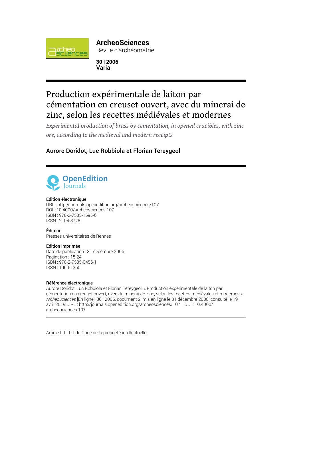 First page of Production experimentale de laiton par c