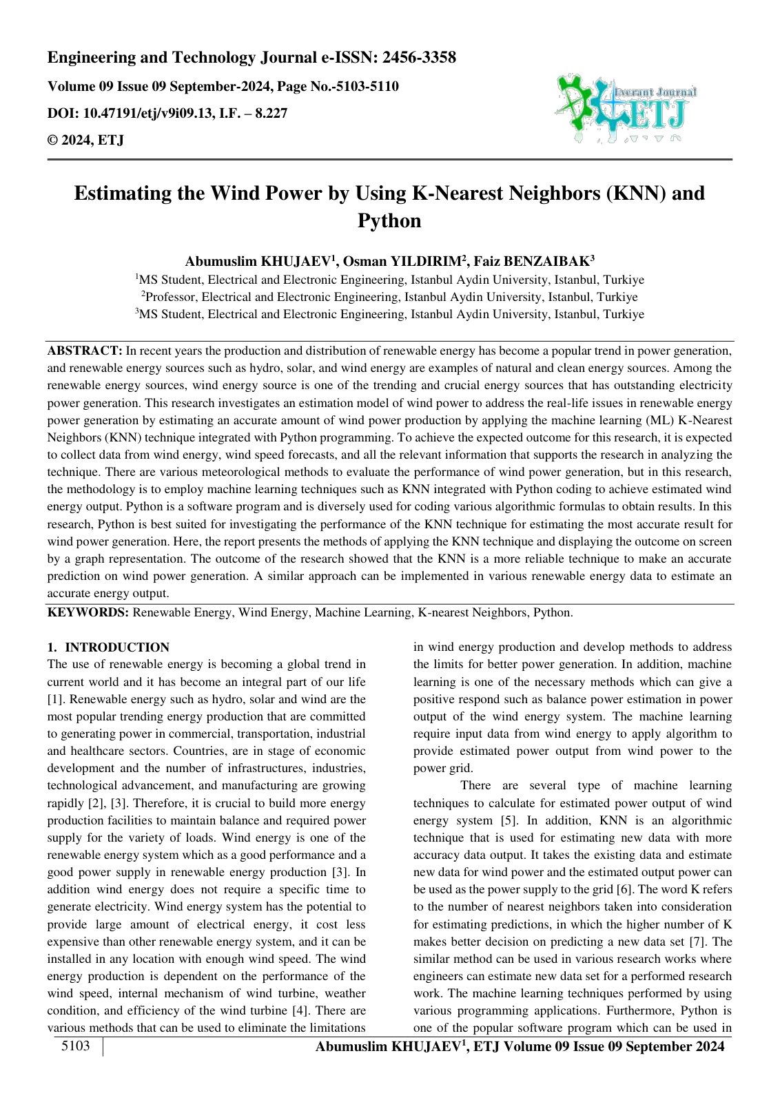 First page of Estimating the Wind Power by Using K Nearest Neighbors (KNN) and 