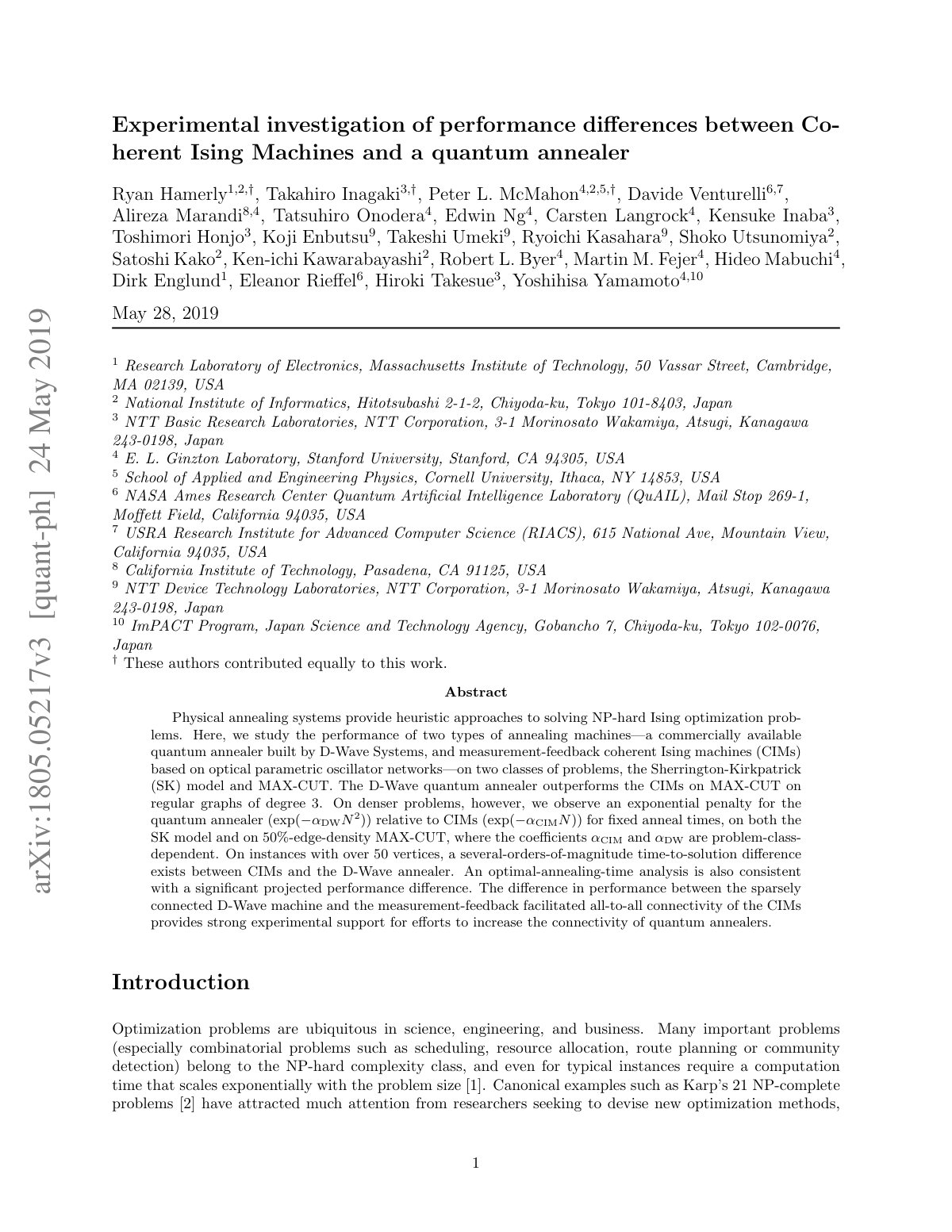 First page of Experimental investigation of performance diﬀerences between Coherent Ising Machines and a quantum annealer