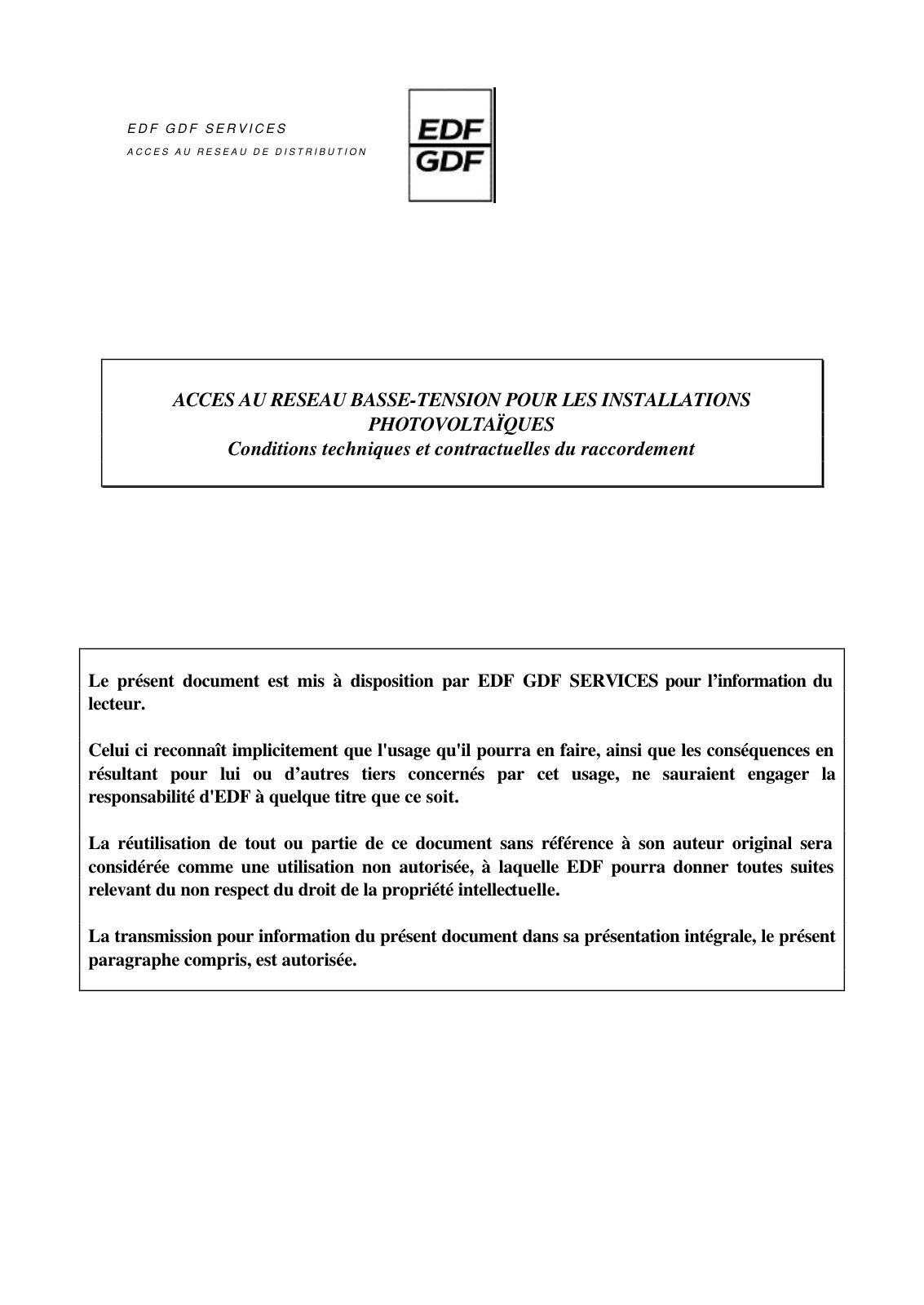 First page of ACCES AU RESEAU BASSE-TENSION POUR LES INSTALLATIONS PHOTOVOLTAÏQUES Conditions techniques et contractuelles du raccordement