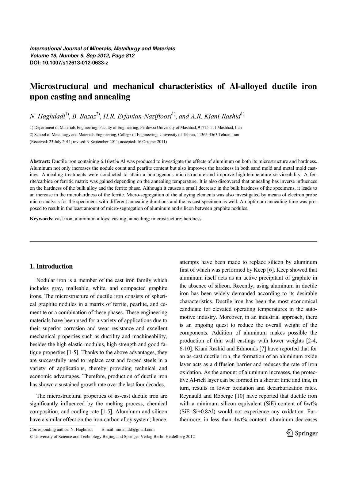 First page of Microstructural and mechanical characteristics of Al-alloyed ductile iron upon casting and annealing