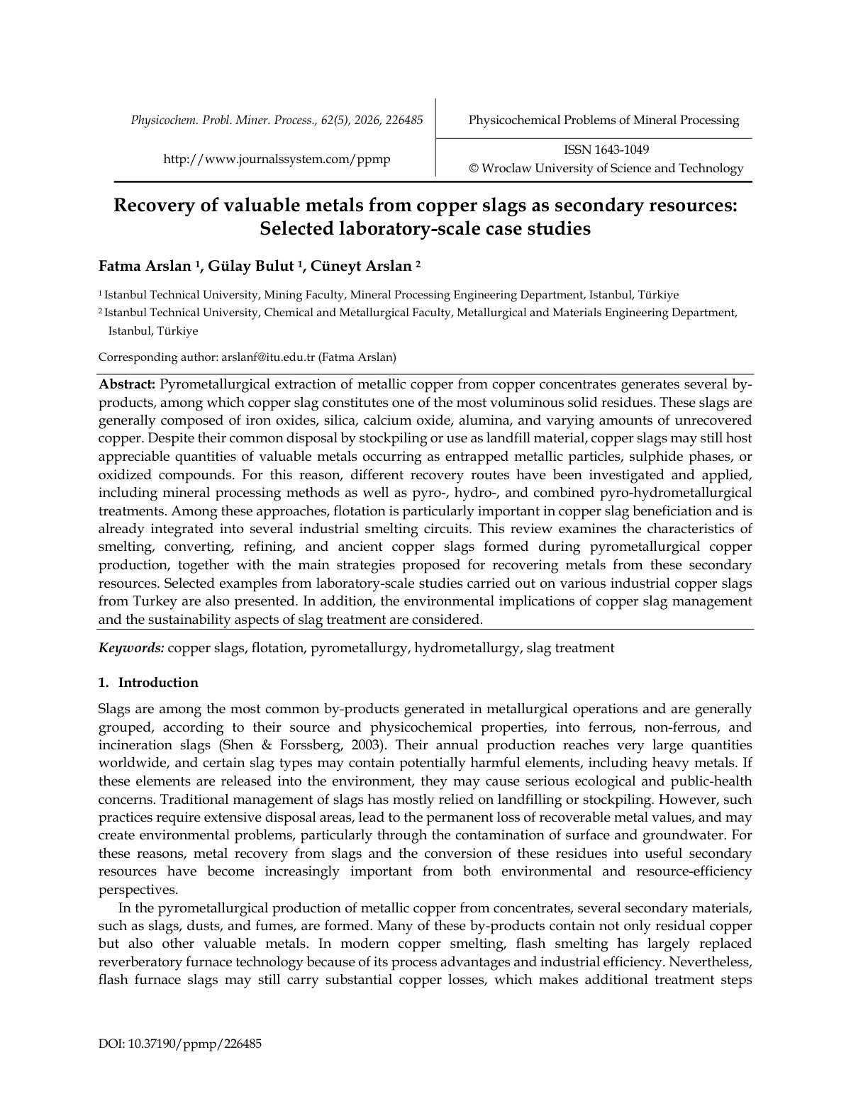 First page of Recovery of valuable metals from copper slags as secondary resources: Selected laboratory-scale case studies