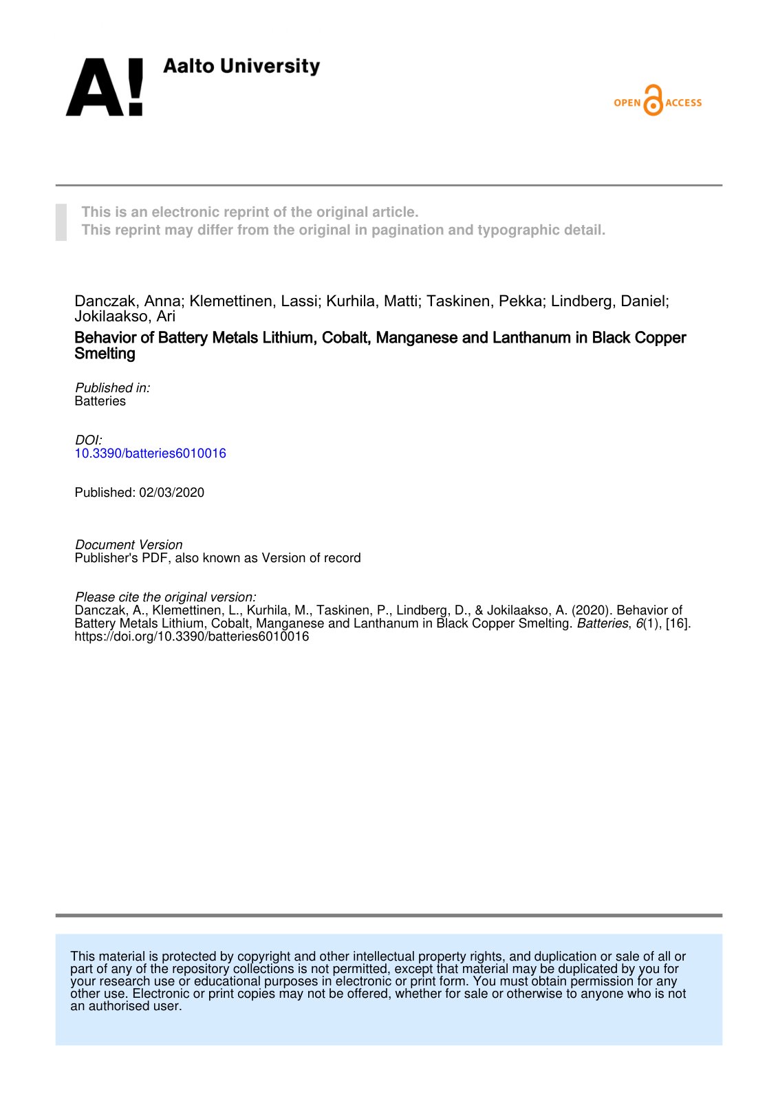 First page of Behavior of Battery Metals Lithium Cobal