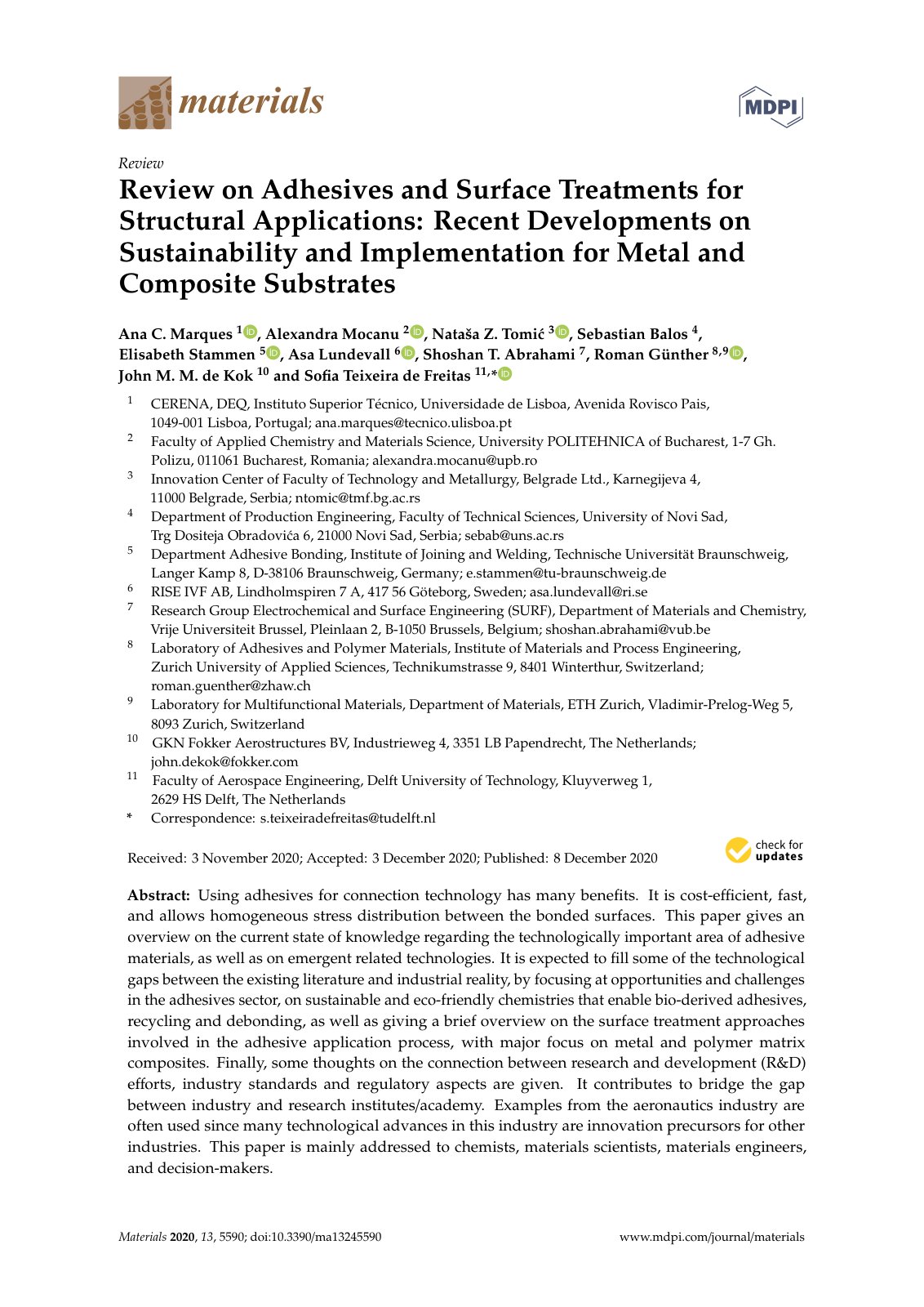 First page of Review on Adhesives and Surface Treatments for Structural Applications: Recent Developments on Sustainability and Implementation for Metal and Composite Substrates