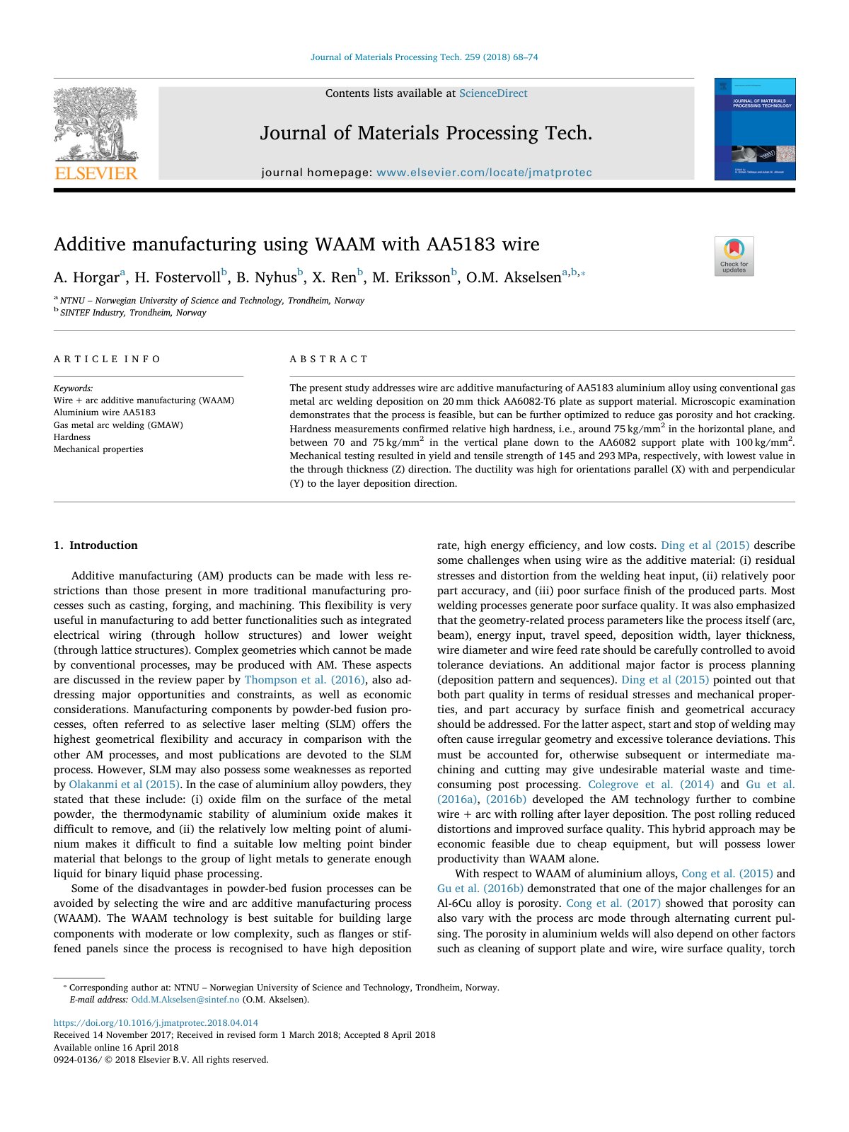 First page of Additive manufacturing using WAAM with AA5183 wire