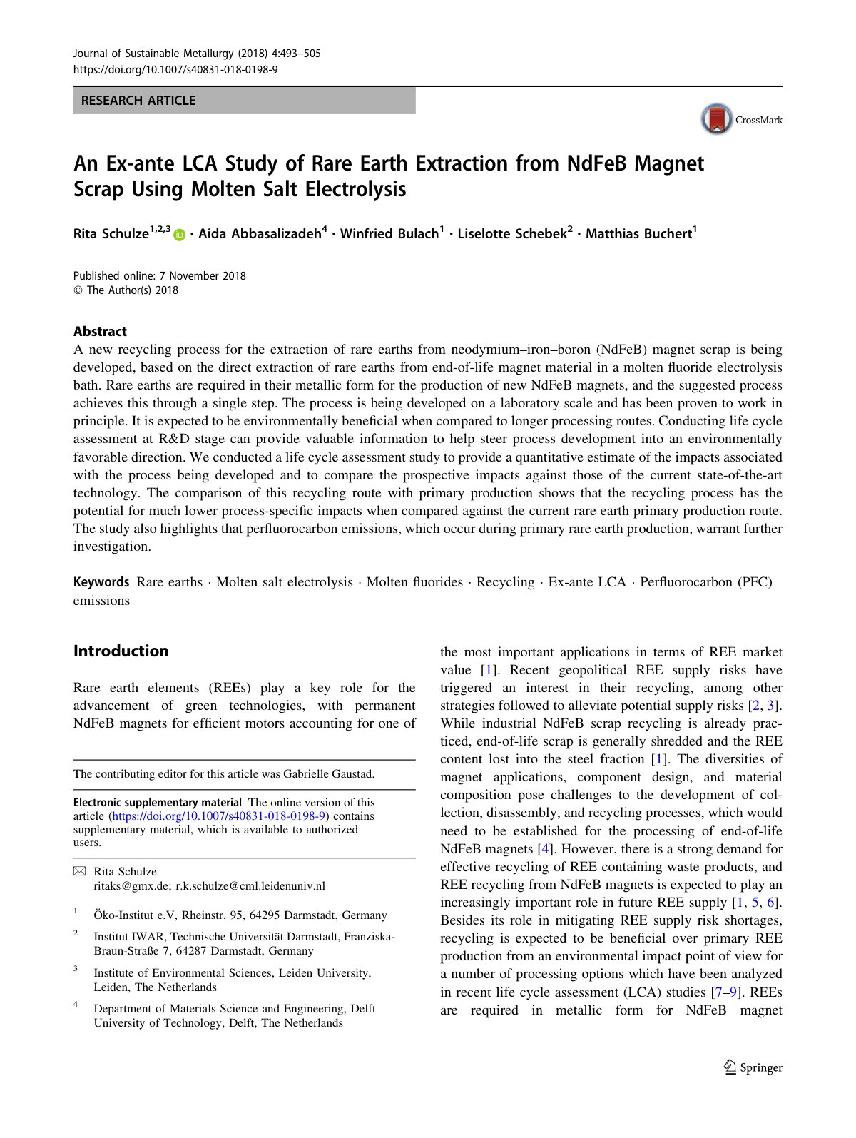 First page of An Ex-ante LCA Study of Rare Earth Extraction from NdFeB Magnet Scrap Using Molten Salt Electrolysis