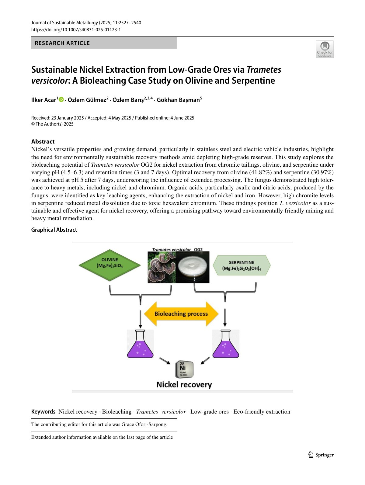 First page of Sustainable Nickel Extraction from Low‑Grade Ores via Trametes versicolor: A Bioleaching Case Study on Olivine and Serpentine