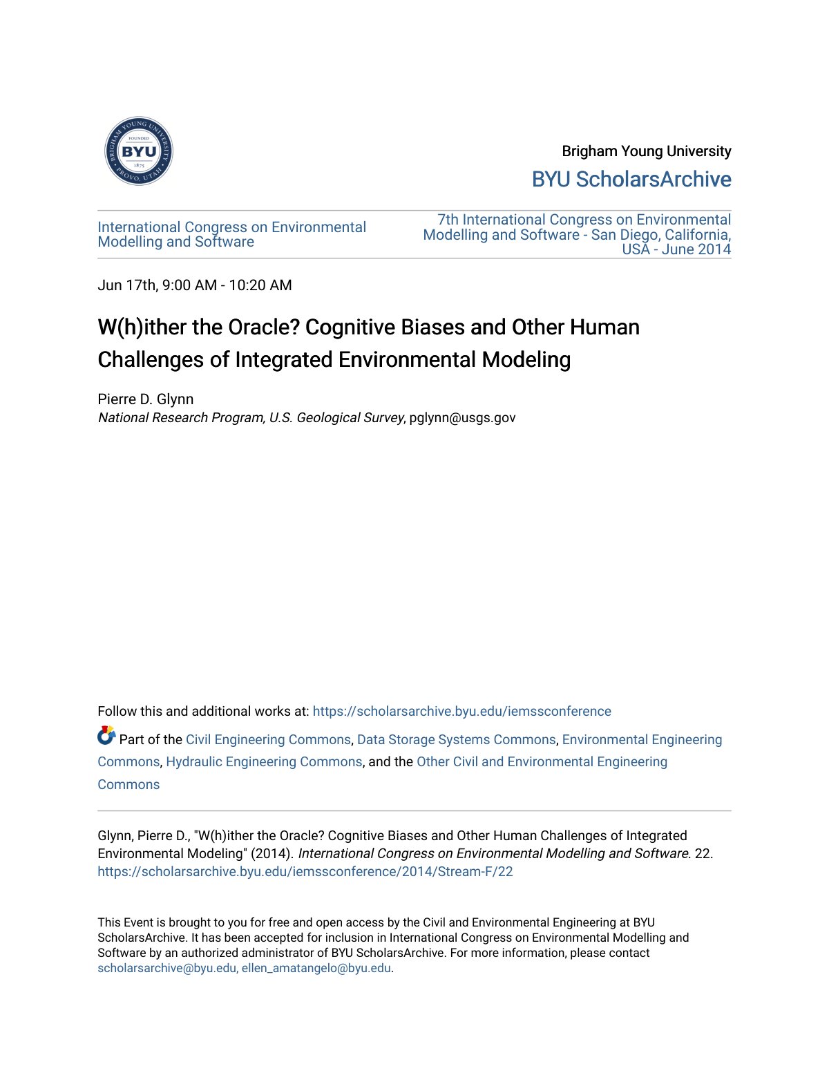 First page of W(h)ither the Oracle? Cognitive Biases and Other Human Challenges of Integrated Environmental Modeling