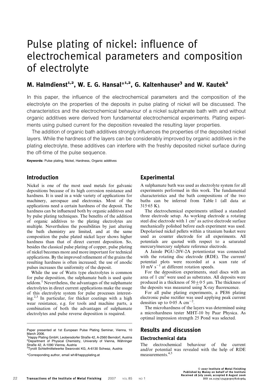 First page of Pulse plating of nickel: influence of electrochemical parameters and composition of electrolyte