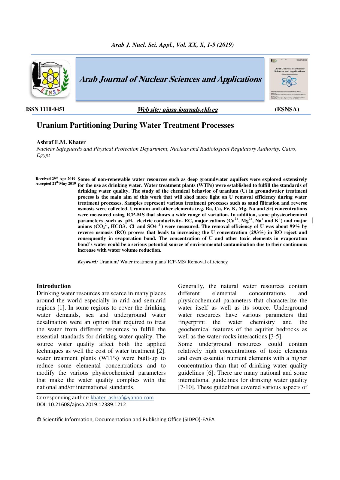 First page of Uranium partitioning during water treatm