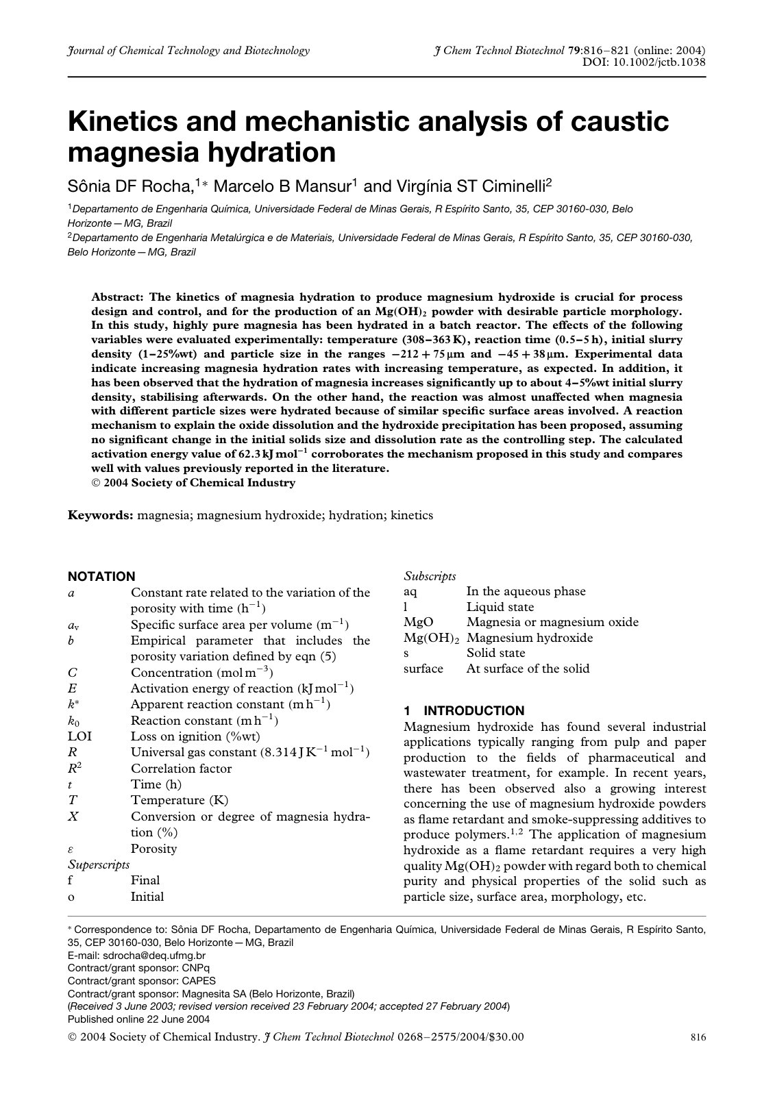 First page of Kinetics and mechanistic analysis of caustic magnesia hydration