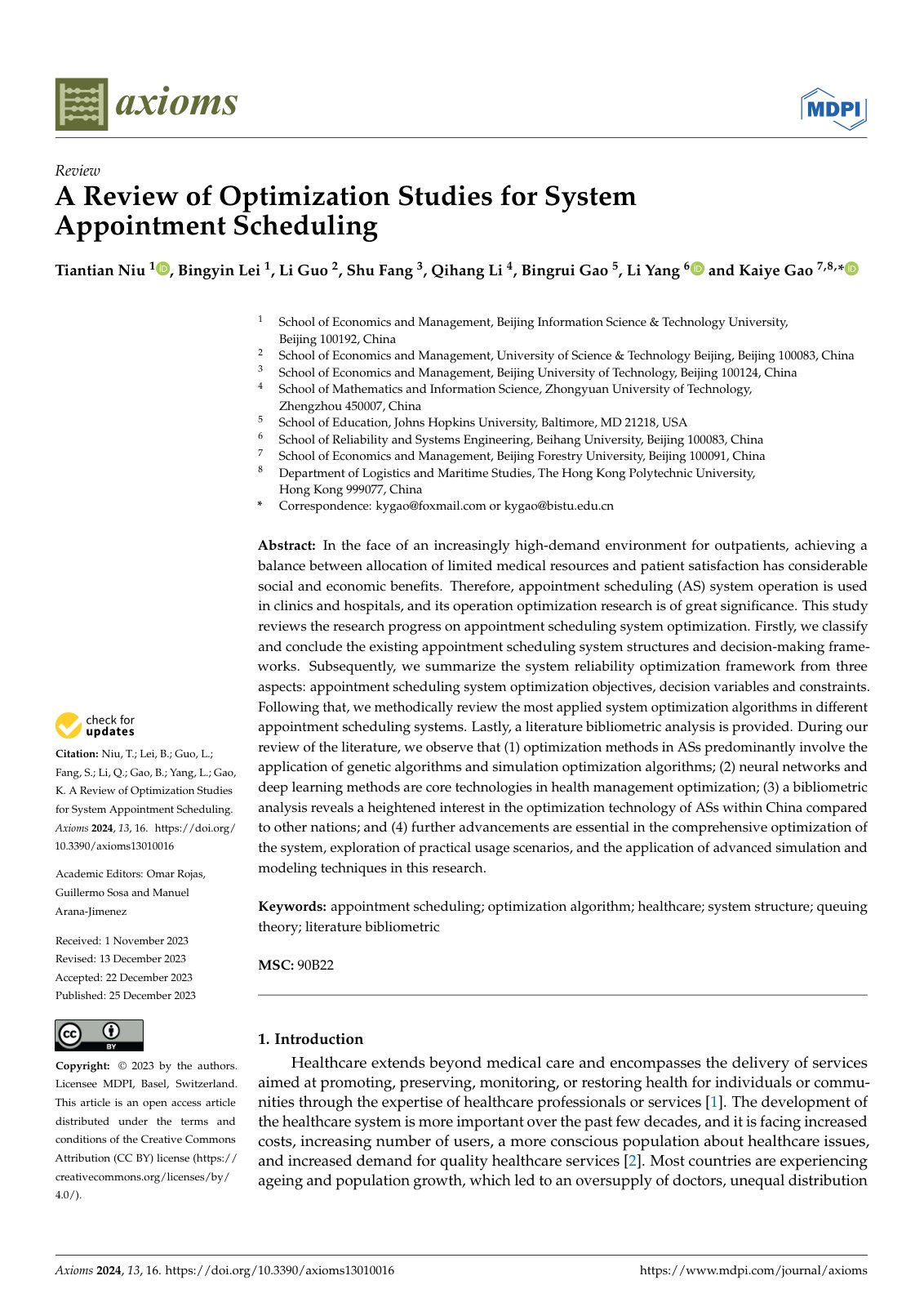First page of A Review of Optimization Studies for SystemAppointment Scheduling