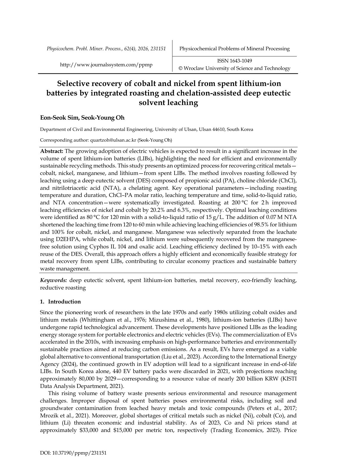 First page of 2026   Sim   Selective cobalt and nickel recovery from LIBs