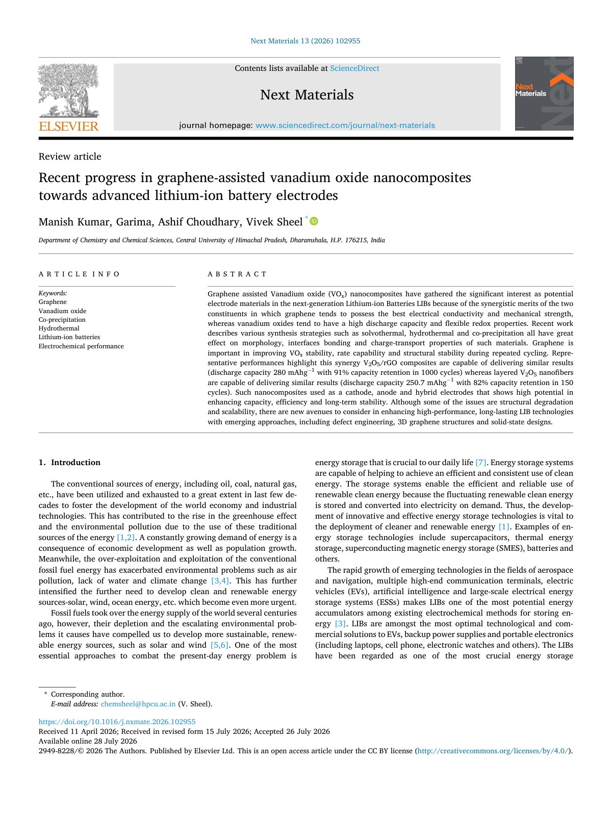 First page of Recent progress in graphene assisted vanadium oxide nanocomposi 2026 Next Ma