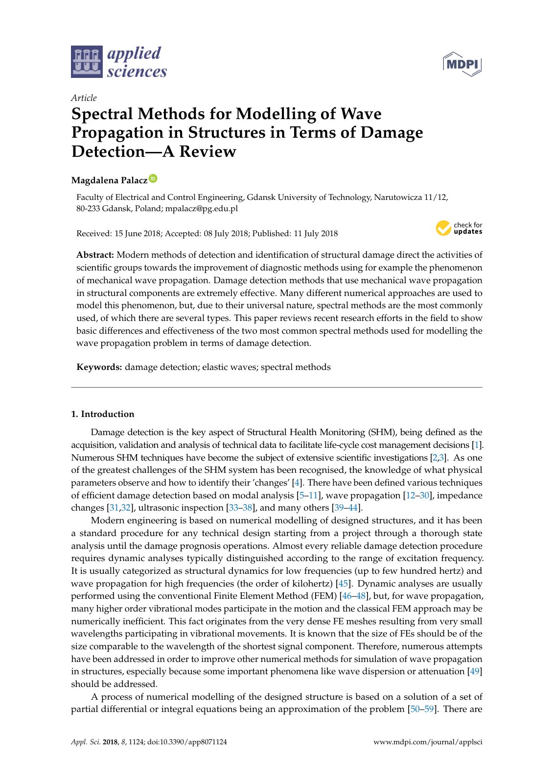 First page of Spectral Methods for Modelling of Wave Propagation in Structures in Terms of Damage Detection—A Review