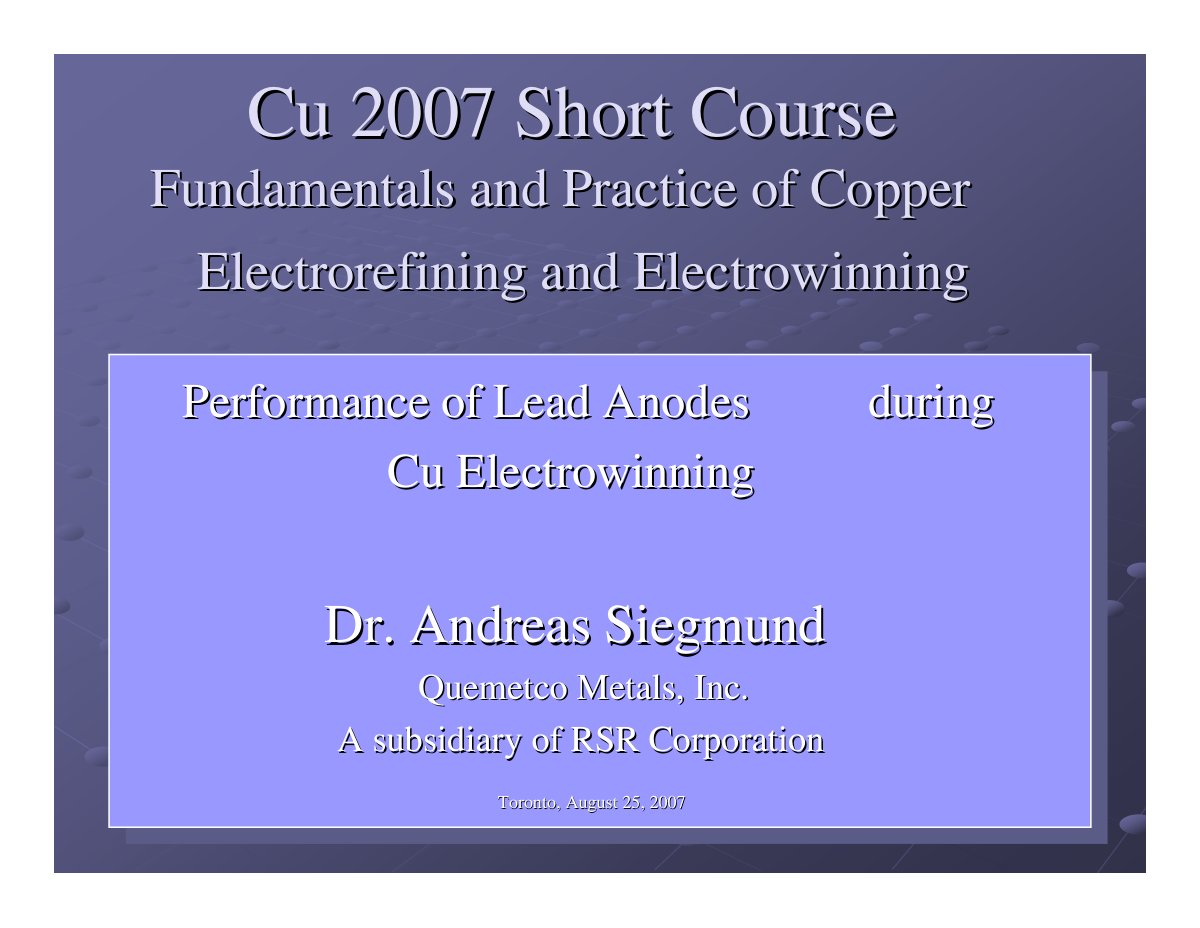First page of 263947633 Short Course Anode Cu EW Siegmund