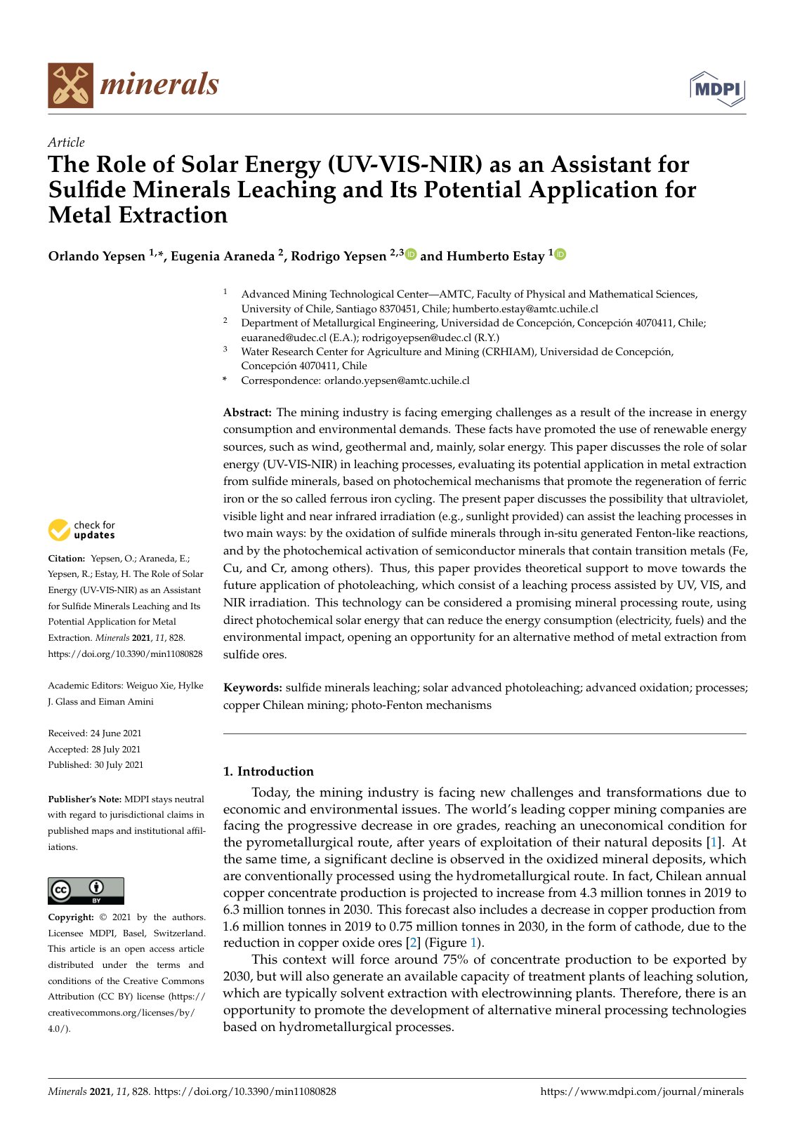 First page of The Role of Solar Energy (UV -VIS-NIR) as an Assistant for Sulﬁde Minerals Leaching and Its Potential Application for Metal Extraction