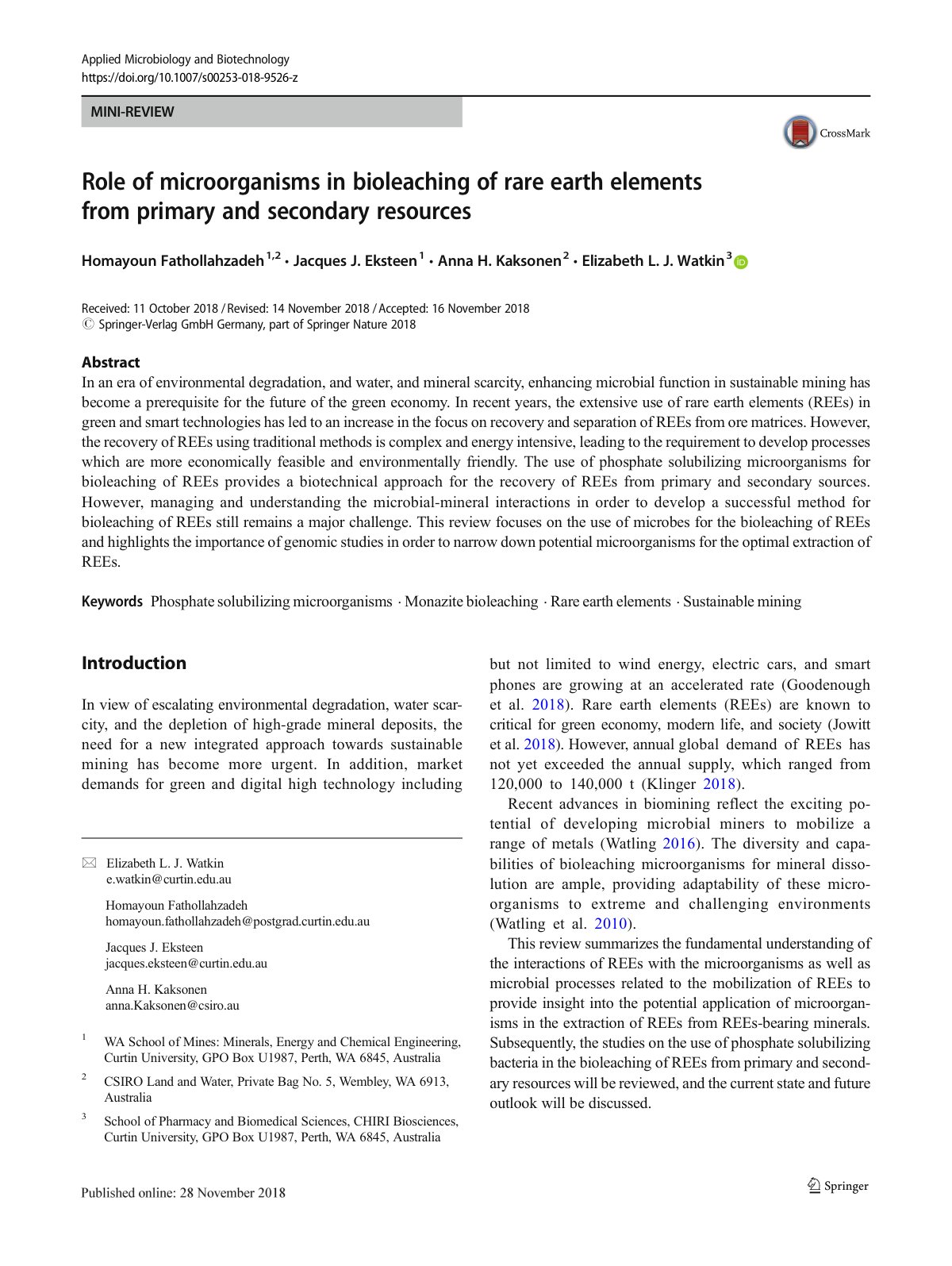 First page of Role of microorganisms in bioleaching of rare earth elements from primary and secondary resources