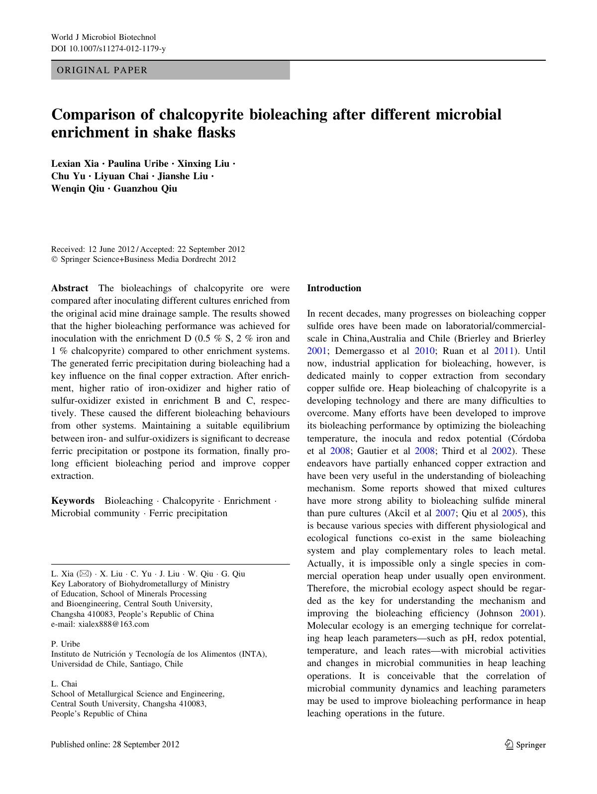 First page of Comparison of chalcopyrite bioleaching a