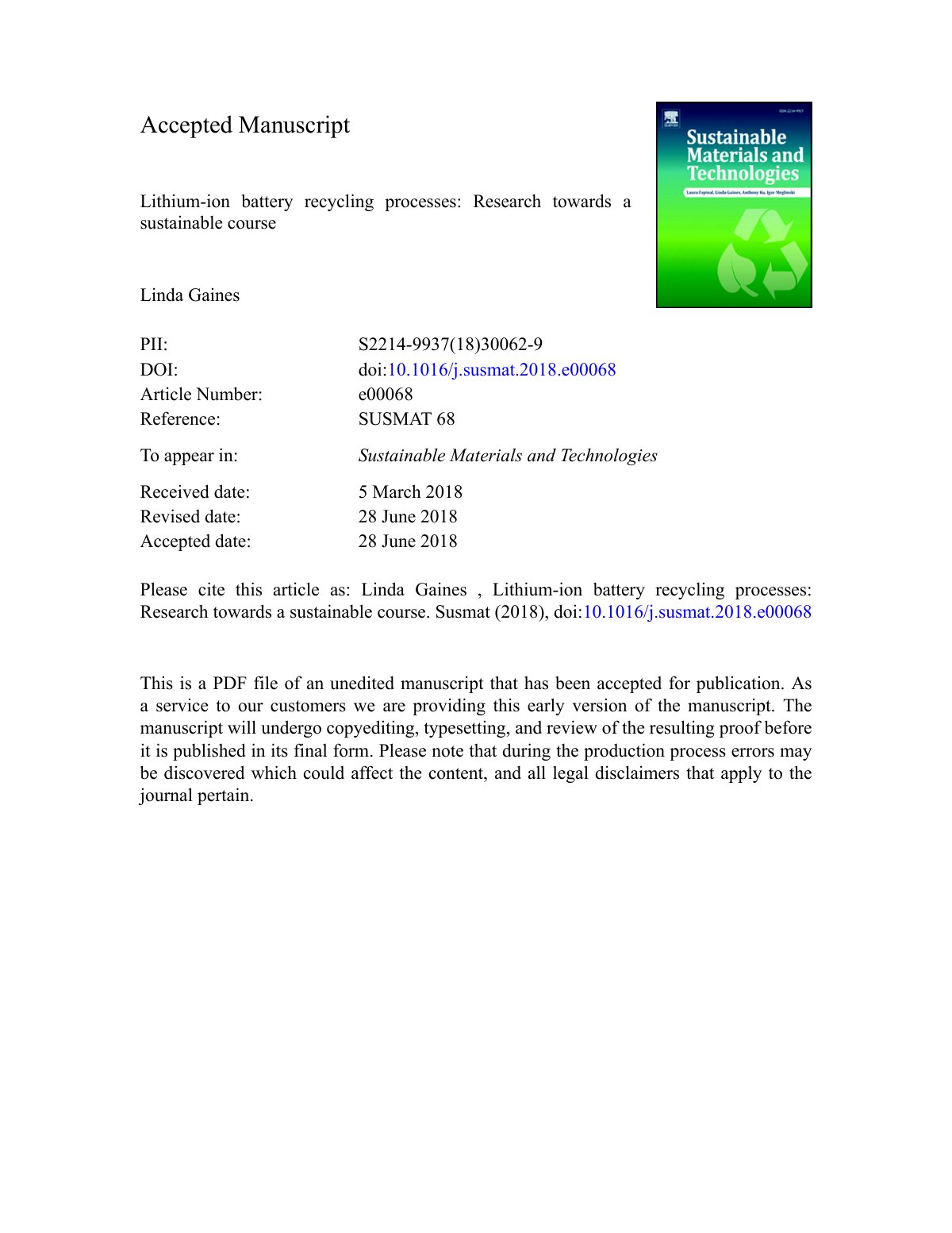 First page of Lithium ion battery recycling processes