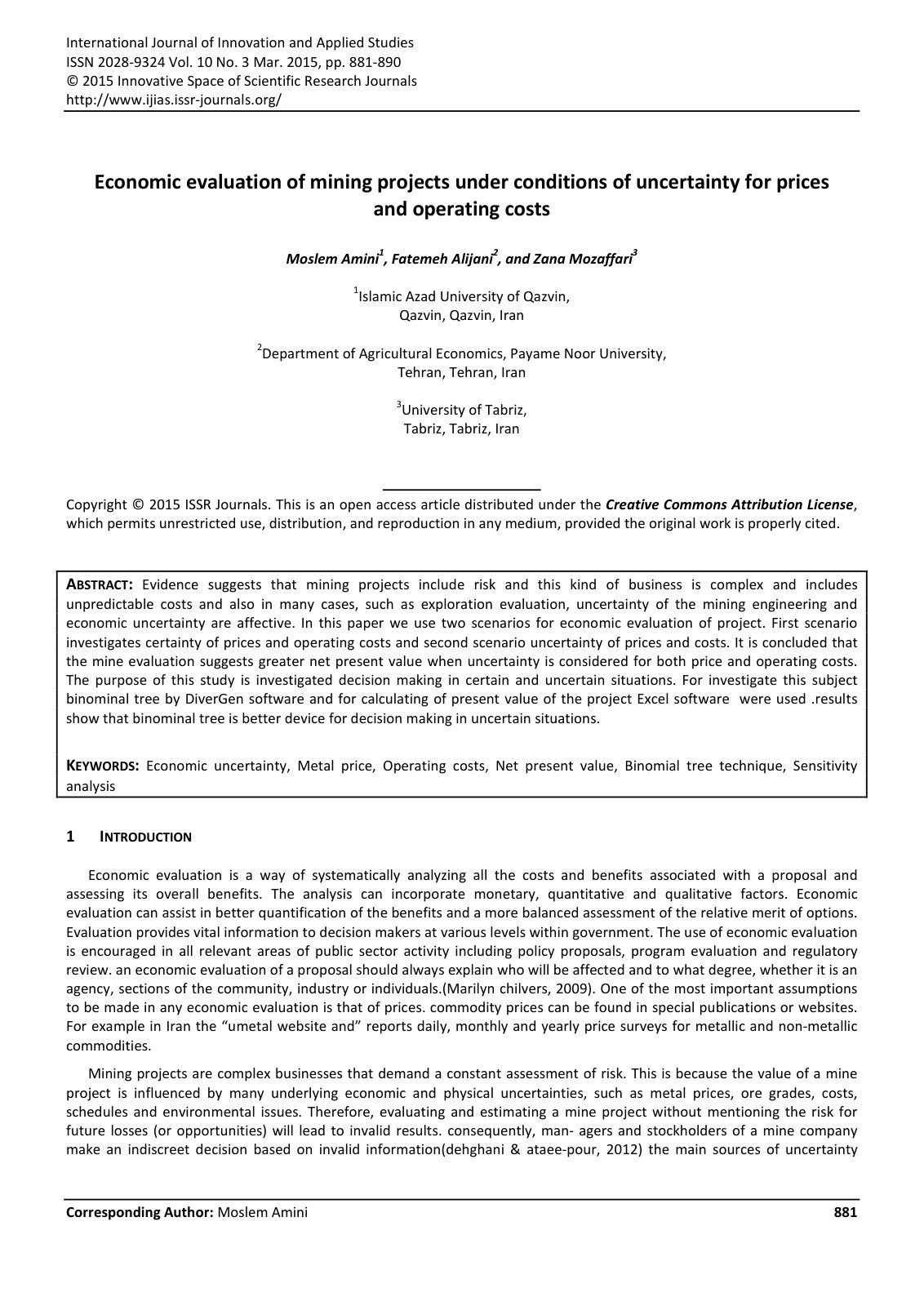 First page of Economic evaluation of mining projects u