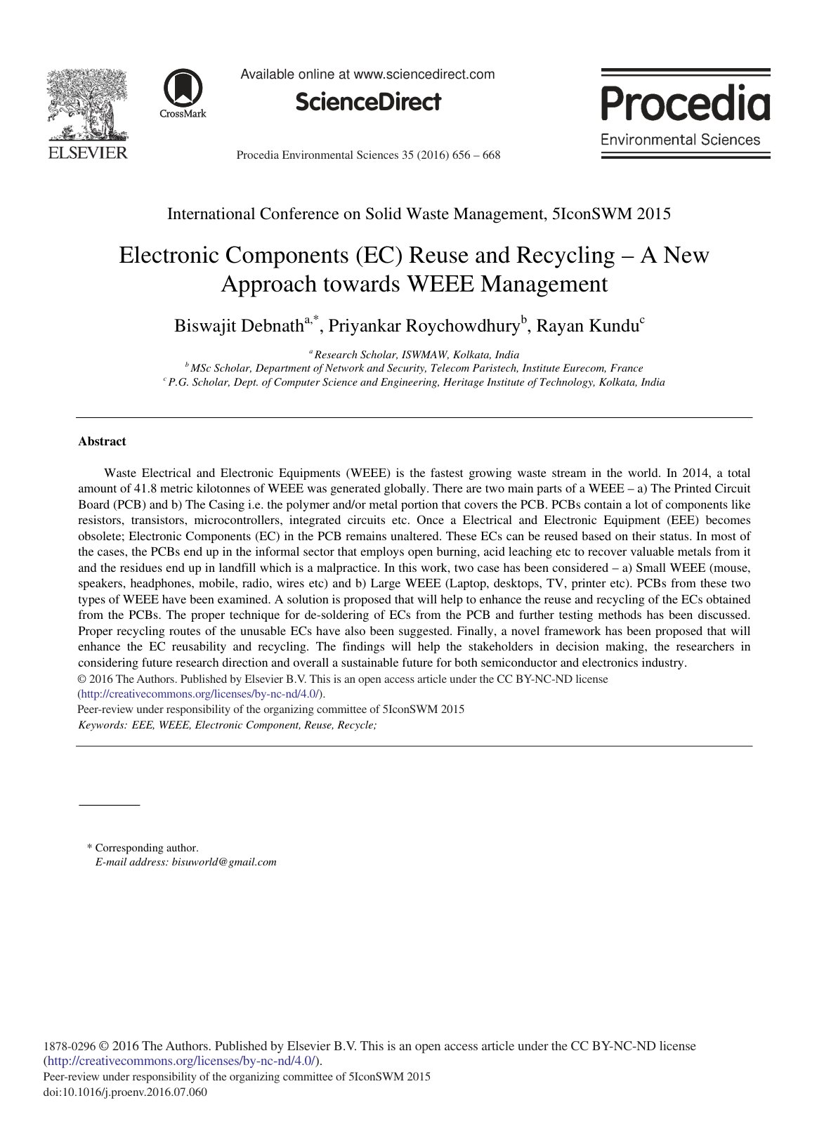 First page of Electronic Components  EC  Reuse and Recycling   A N 2016 Procedia Environme
