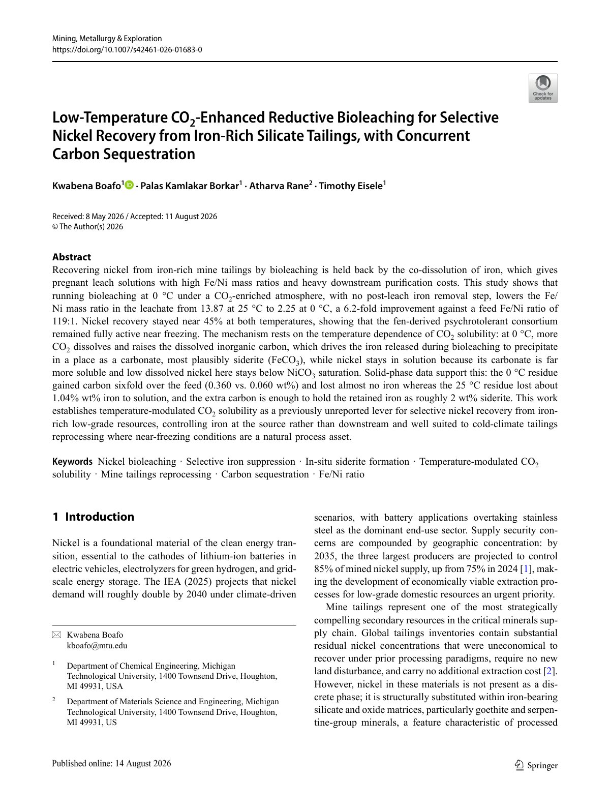 First page of Low-Temperature CO2-Enhanced Reductive Bioleaching for Selective Nickel Recovery from Iron-Rich Silicate Tailings, with Concurrent Carbon Sequestration