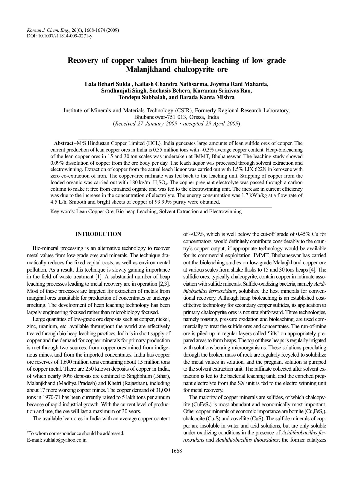 First page of Recovery of copper values from bio heap