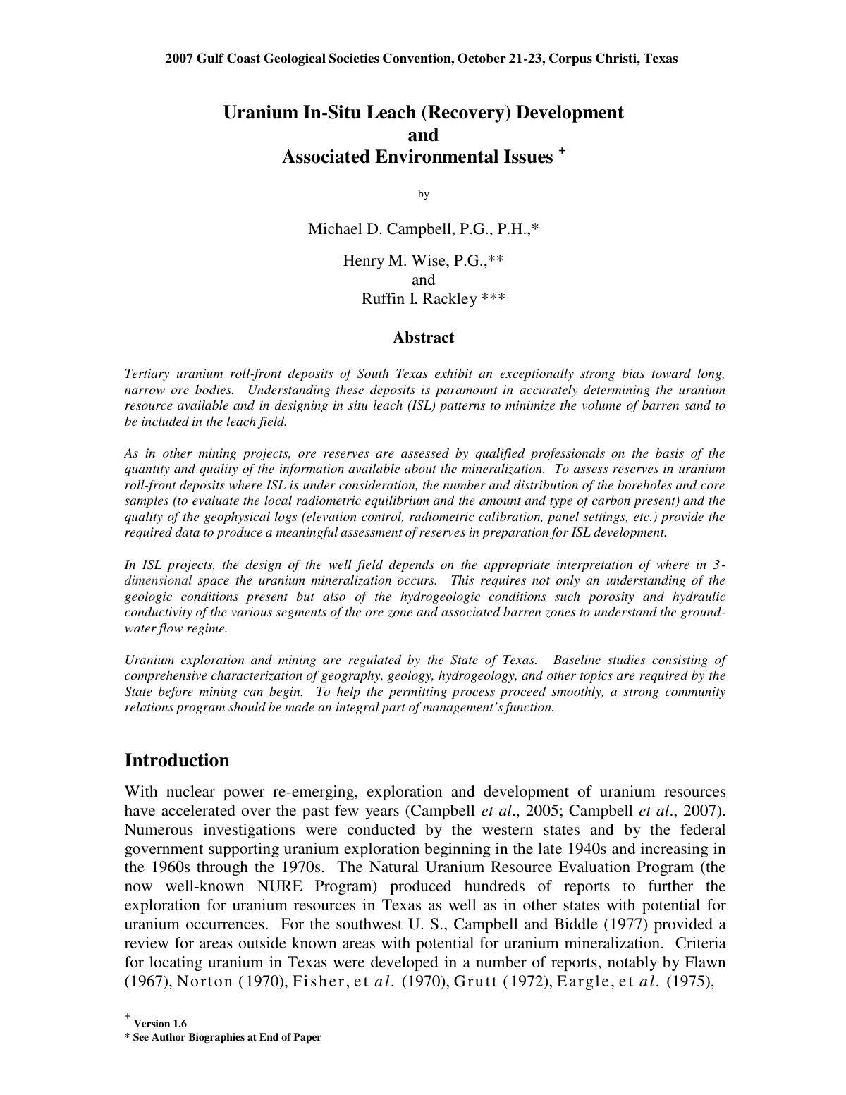 First page of Uranium In Situ Leach Recovery Developme