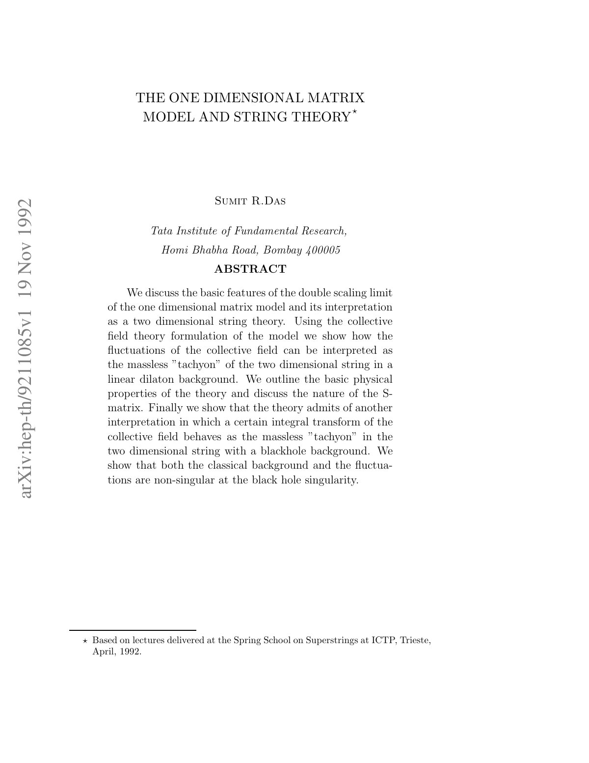 First page of The One Dimensional Matrix Model and Str