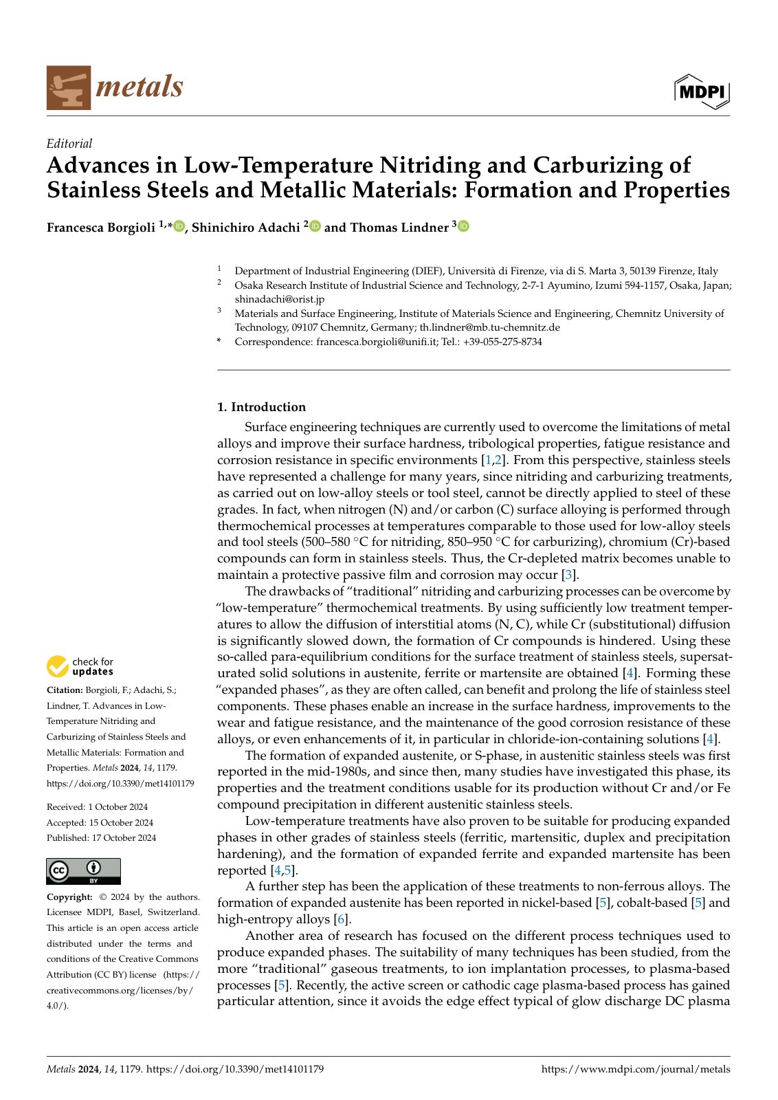 First page of Advances in Low-Temperature Nitriding and Carburizing of Stainless Steels and Metallic Materials: Formation and Properties