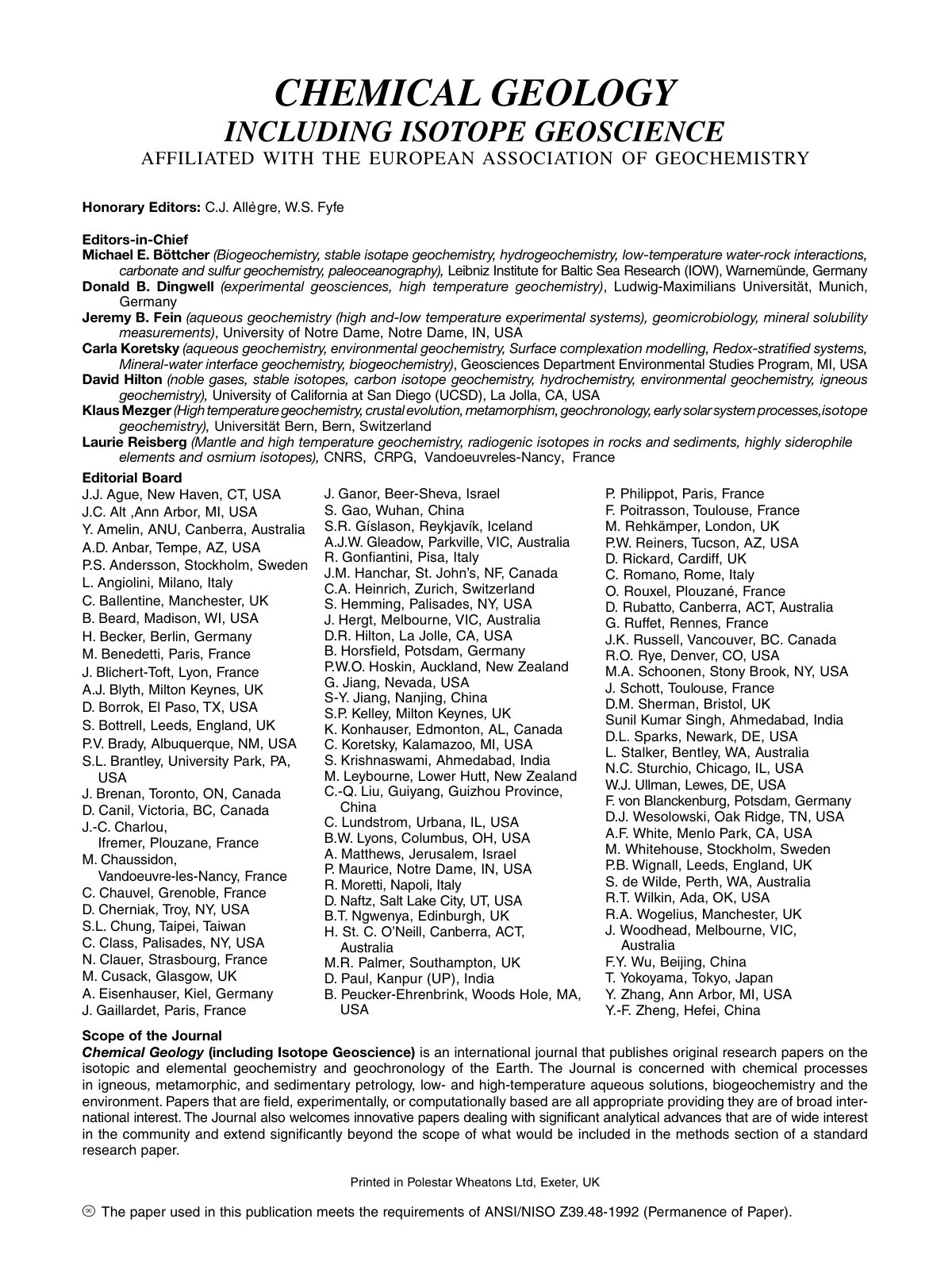 First page of CHEMICAL GEOLOGY INCLUDING ISOTOPE GEOSCIENCE