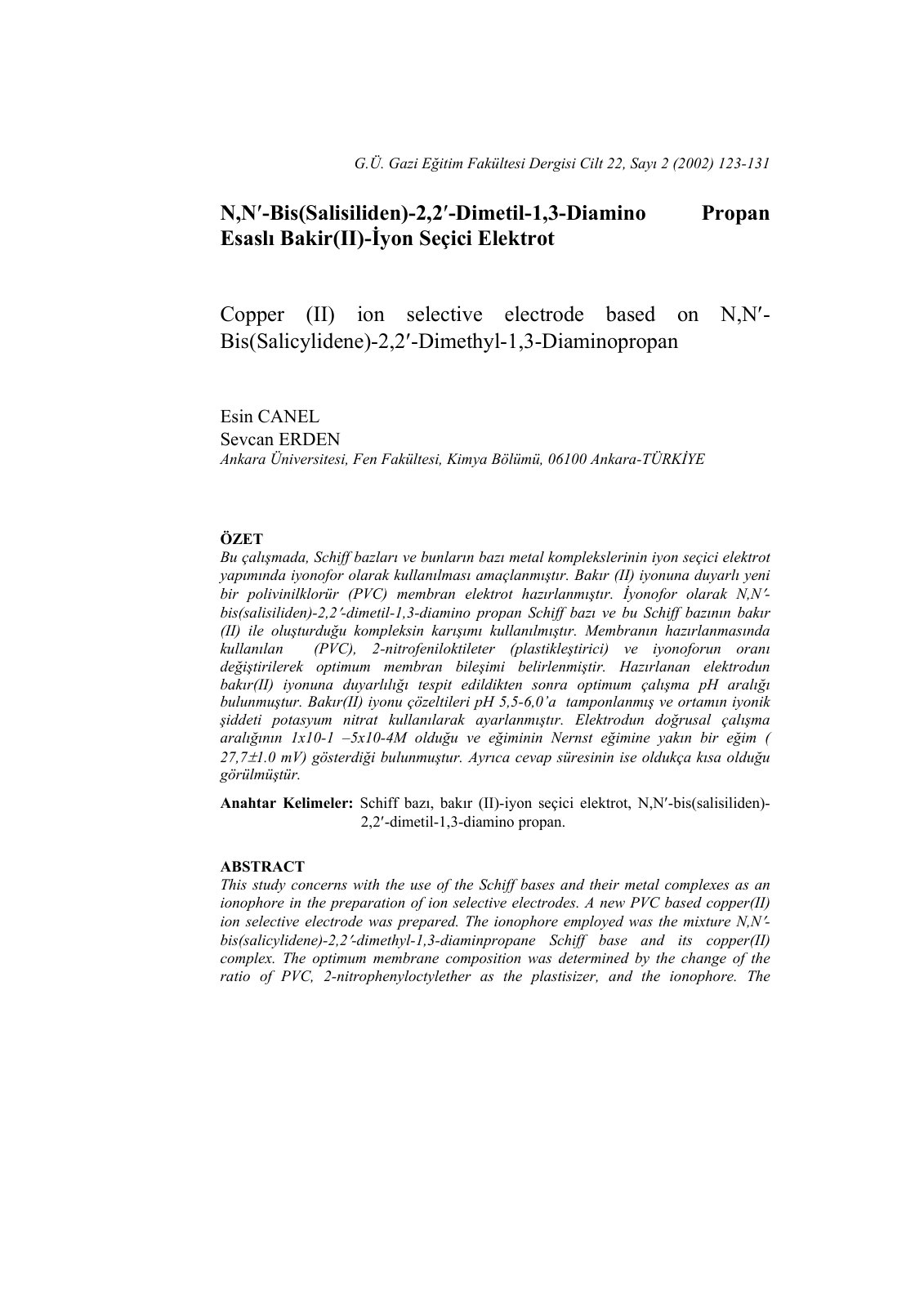 First page of N,N′-Bis(Salisiliden)-2,2′-Dimetil-1,3-Diamino Propan Esaslı Bakir(II)-İyon Seçici Elektrot