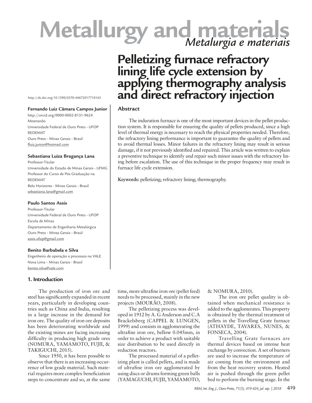 First page of Pelletizing furnace refractory lining life cycle extension by applying thermography analysis and direct refractory injection