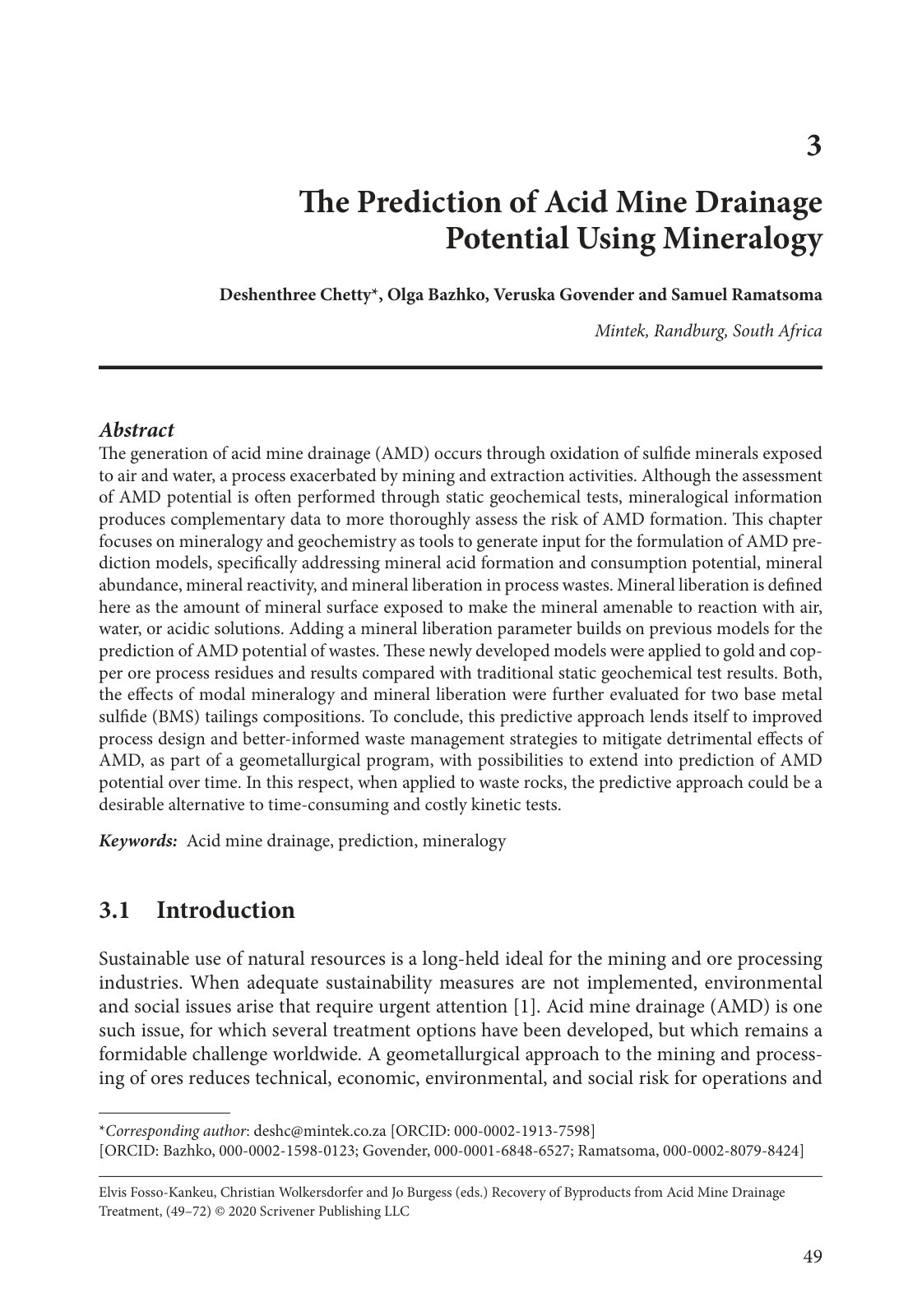 First page of The Prediction of Acid Mine Drainage Potential Using Mineralogy