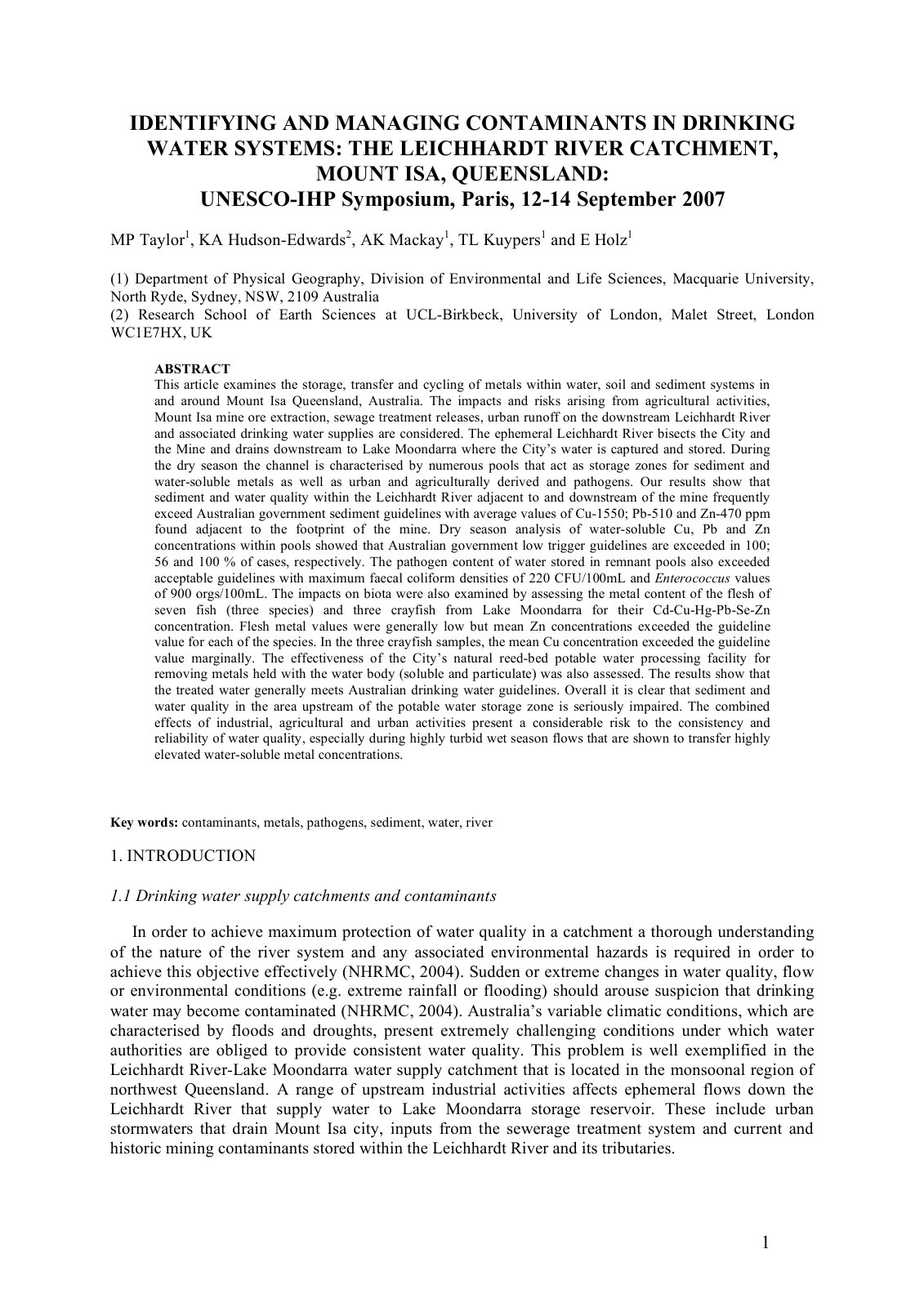 First page of IDENTIFYING AND MANAGING CONTAMINANTS IN DRINKING WATER SYSTEMS: THE LEICHHARDT RIVER CATCHMENT, MOUNT ISA, QUEENSLAND